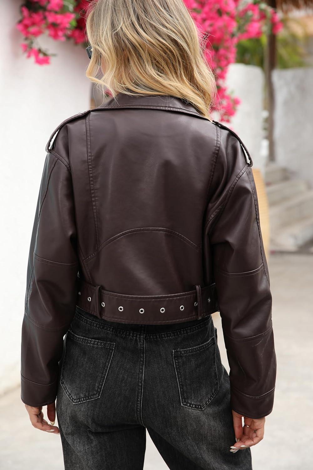imageLY VAREY LIN Women Faux Leather Cropped Jacket Vegan Motor Biker Coat with BeltChocolate