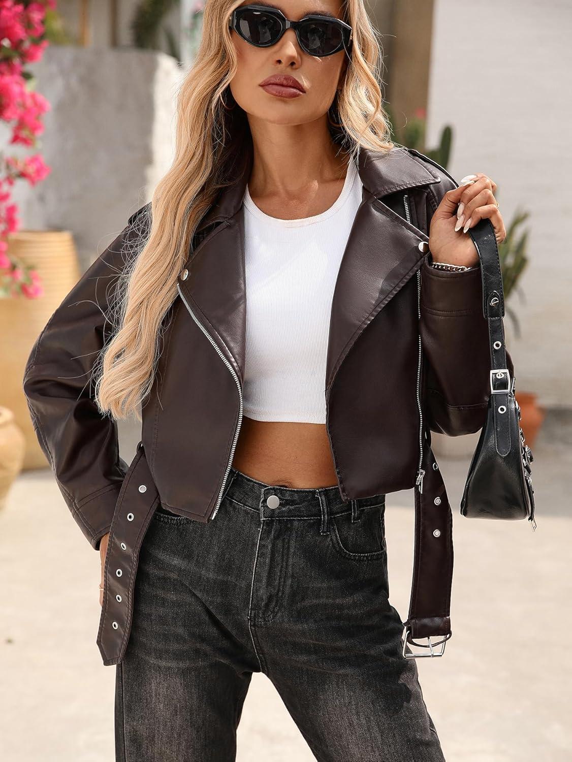 imageLY VAREY LIN Women Faux Leather Cropped Jacket Vegan Motor Biker Coat with BeltChocolate