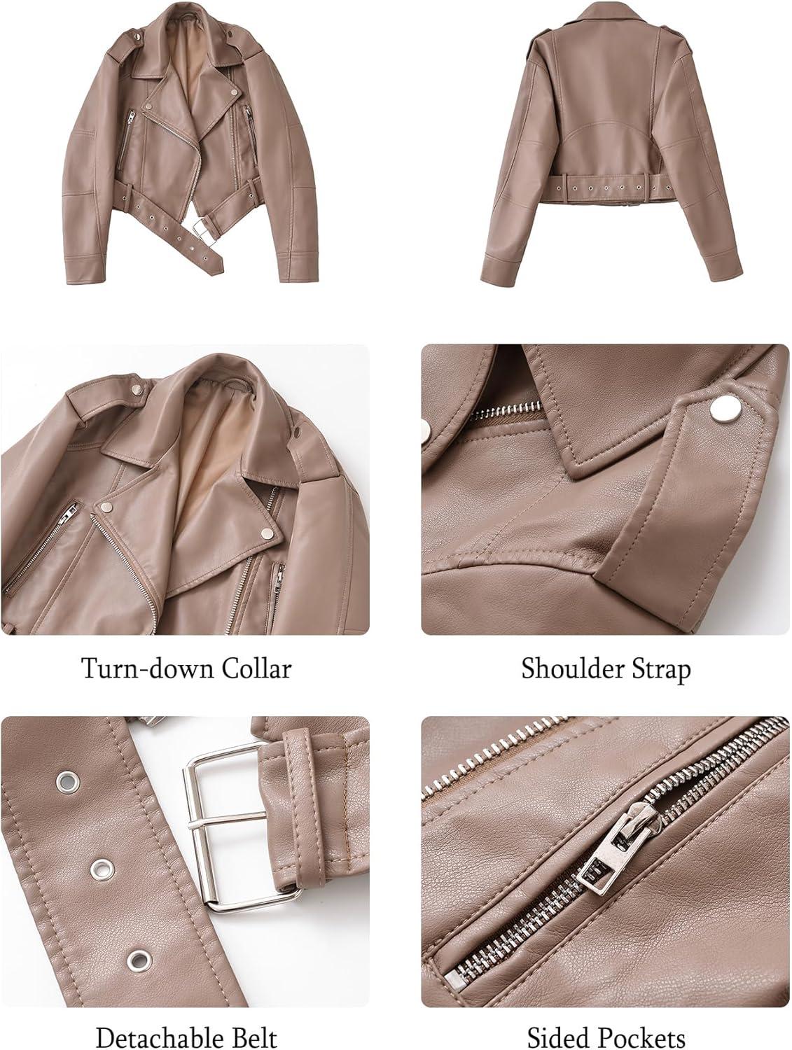 imageLY VAREY LIN Women Faux Leather Cropped Jacket Vegan Motor Biker Coat with BeltCoffee