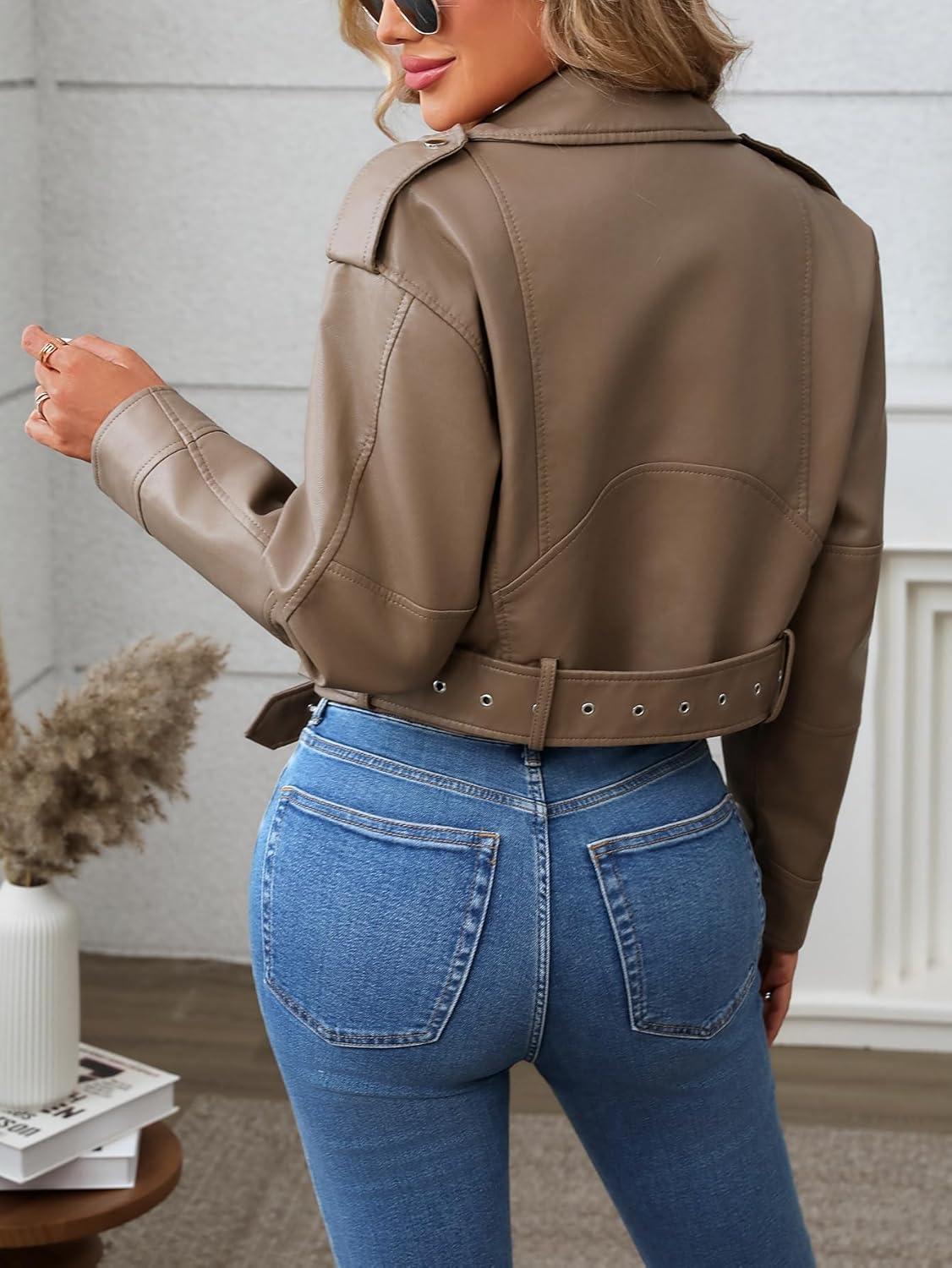 imageLY VAREY LIN Women Faux Leather Cropped Jacket Vegan Motor Biker Coat with BeltCoffee