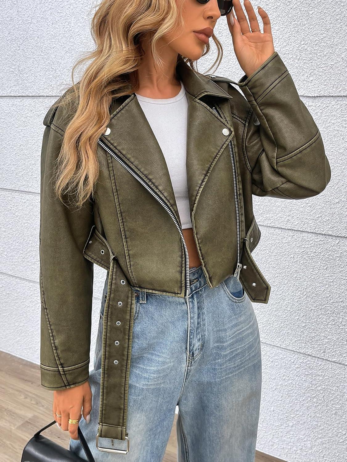 imageLY VAREY LIN Women Faux Leather Cropped Jacket Vegan Motor Biker Coat with BeltDark Green