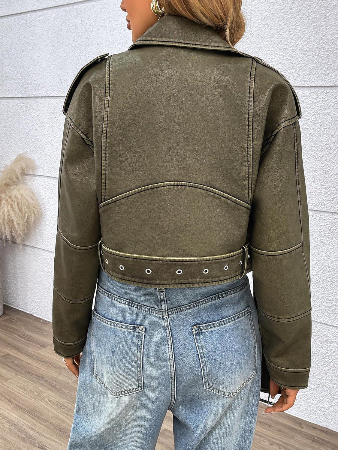 imageLY VAREY LIN Women Faux Leather Cropped Jacket Vegan Motor Biker Coat with BeltDark Green