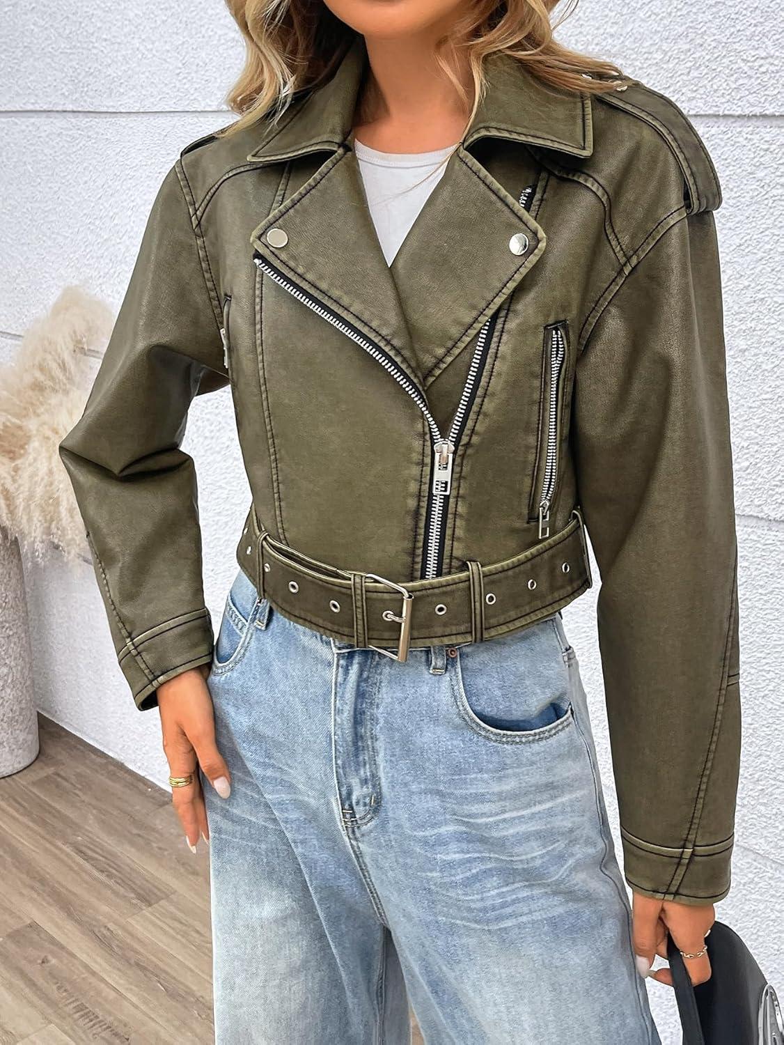 imageLY VAREY LIN Women Faux Leather Cropped Jacket Vegan Motor Biker Coat with BeltDark Green
