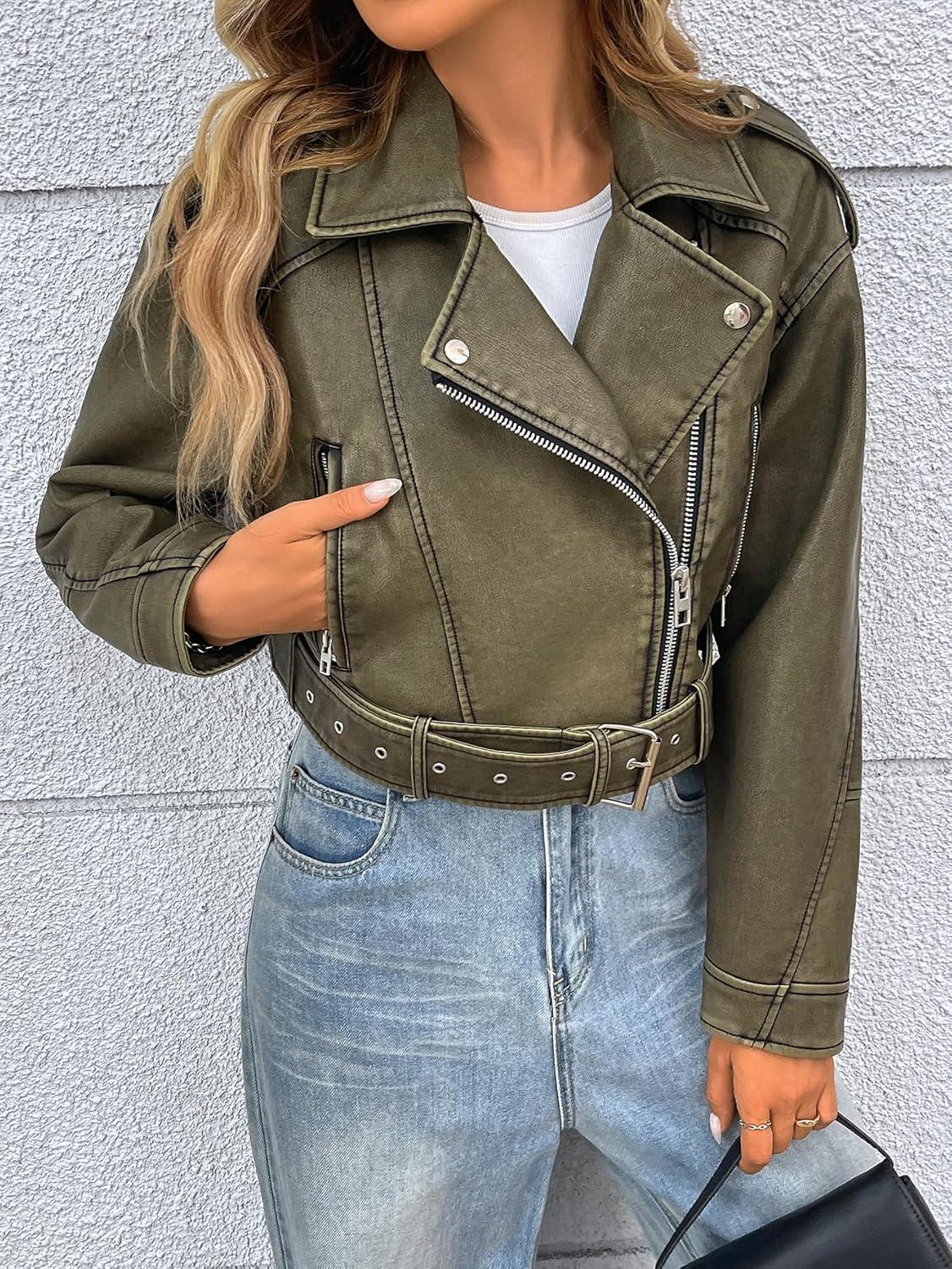 imageLY VAREY LIN Women Faux Leather Cropped Jacket Vegan Motor Biker Coat with BeltDark Green