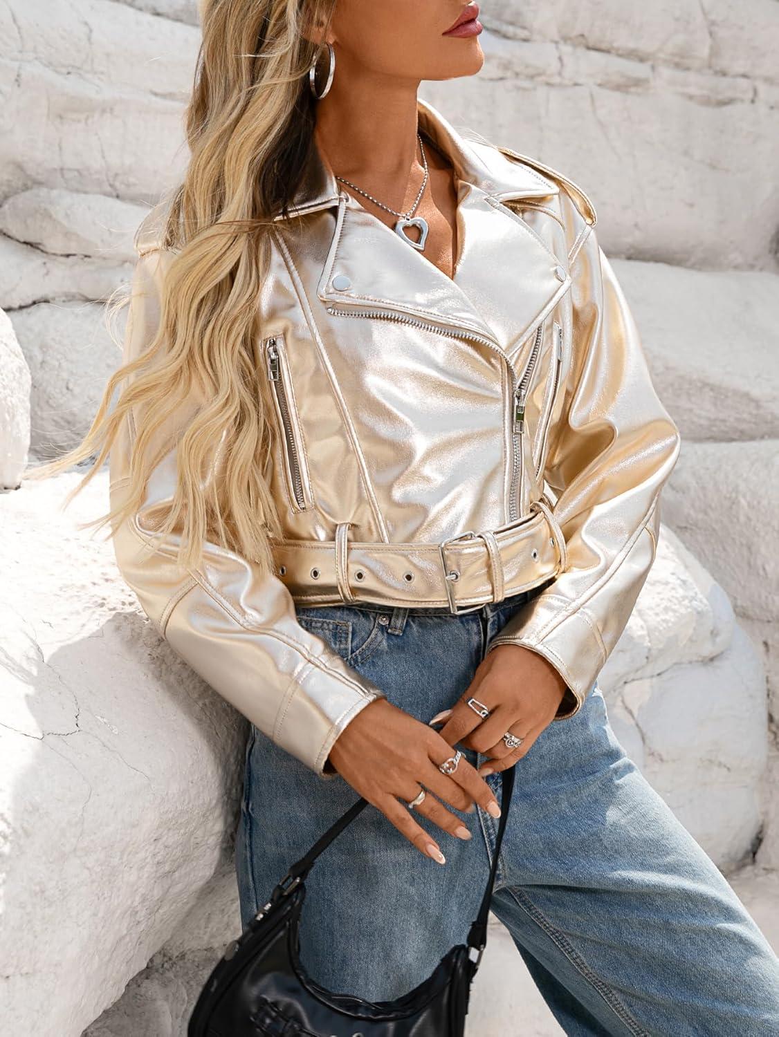 imageLY VAREY LIN Women Faux Leather Cropped Jacket Vegan Motor Biker Coat with BeltGold