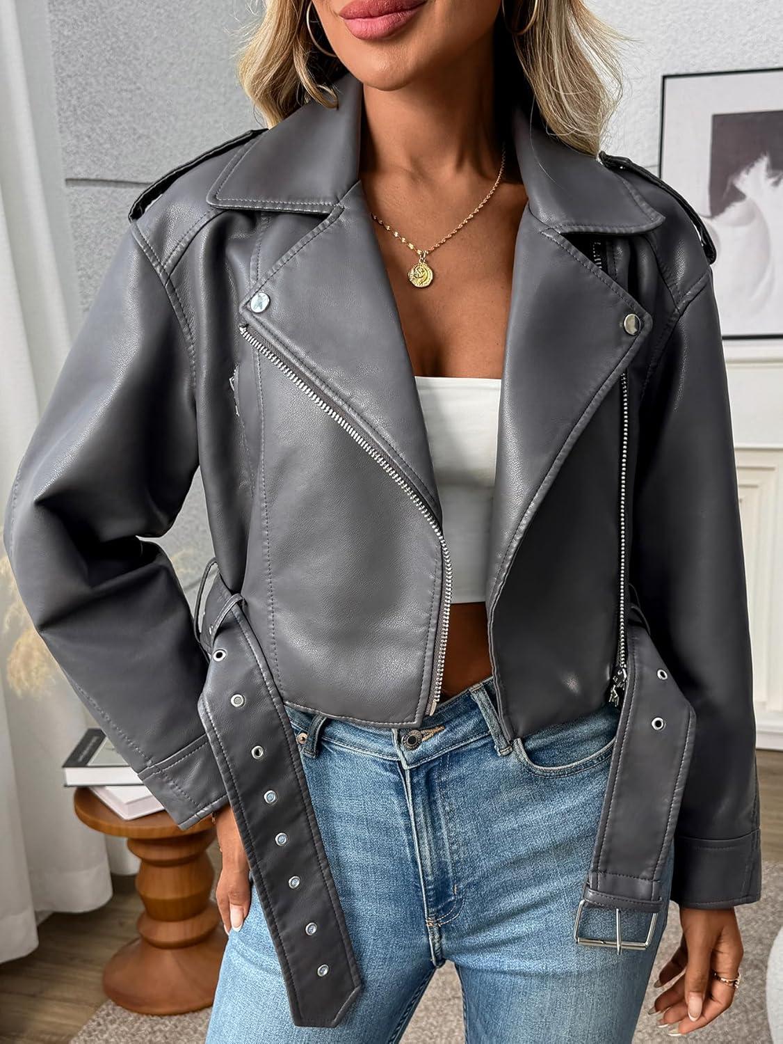 imageLY VAREY LIN Women Faux Leather Cropped Jacket Vegan Motor Biker Coat with BeltGrey