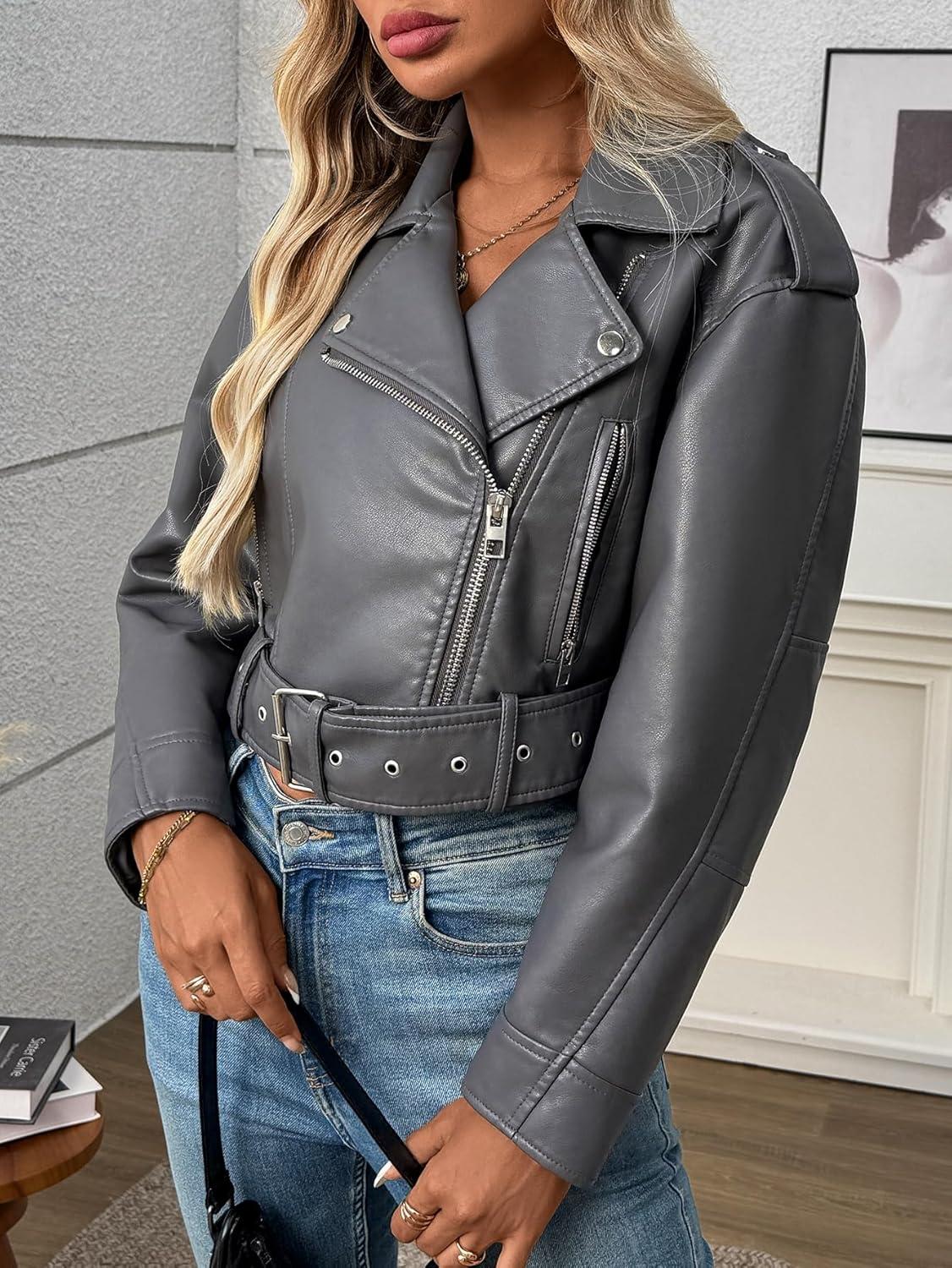 imageLY VAREY LIN Women Faux Leather Cropped Jacket Vegan Motor Biker Coat with BeltGrey