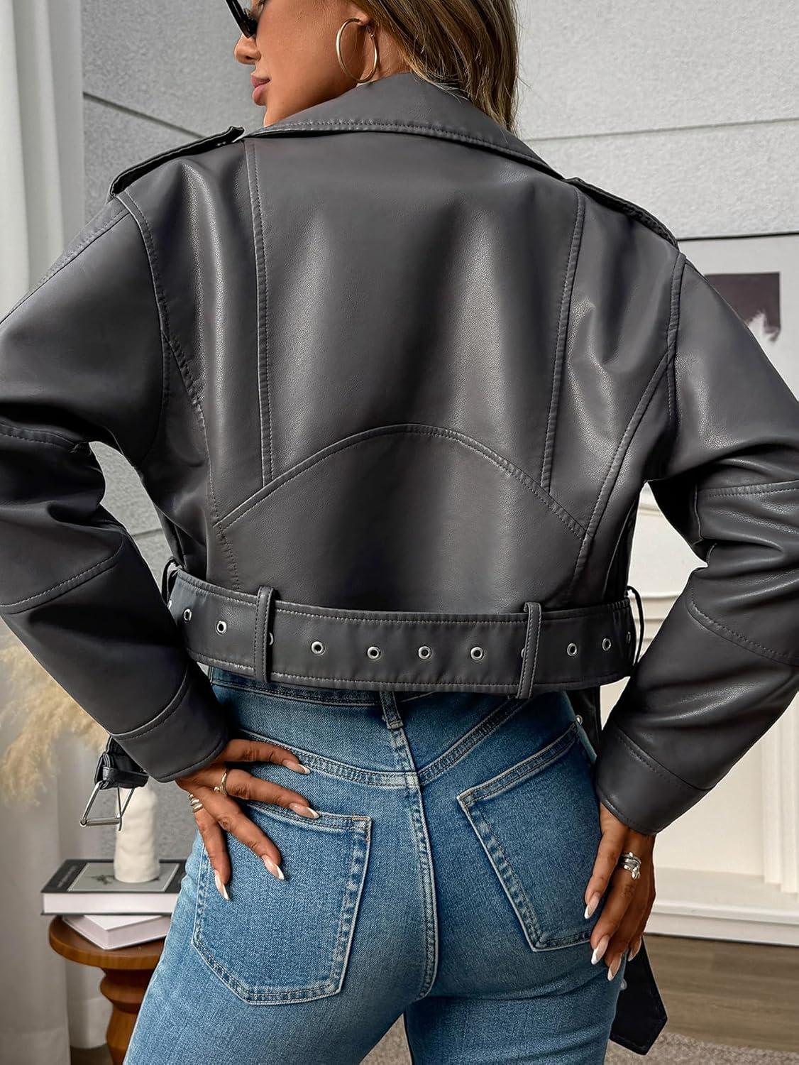 imageLY VAREY LIN Women Faux Leather Cropped Jacket Vegan Motor Biker Coat with BeltGrey