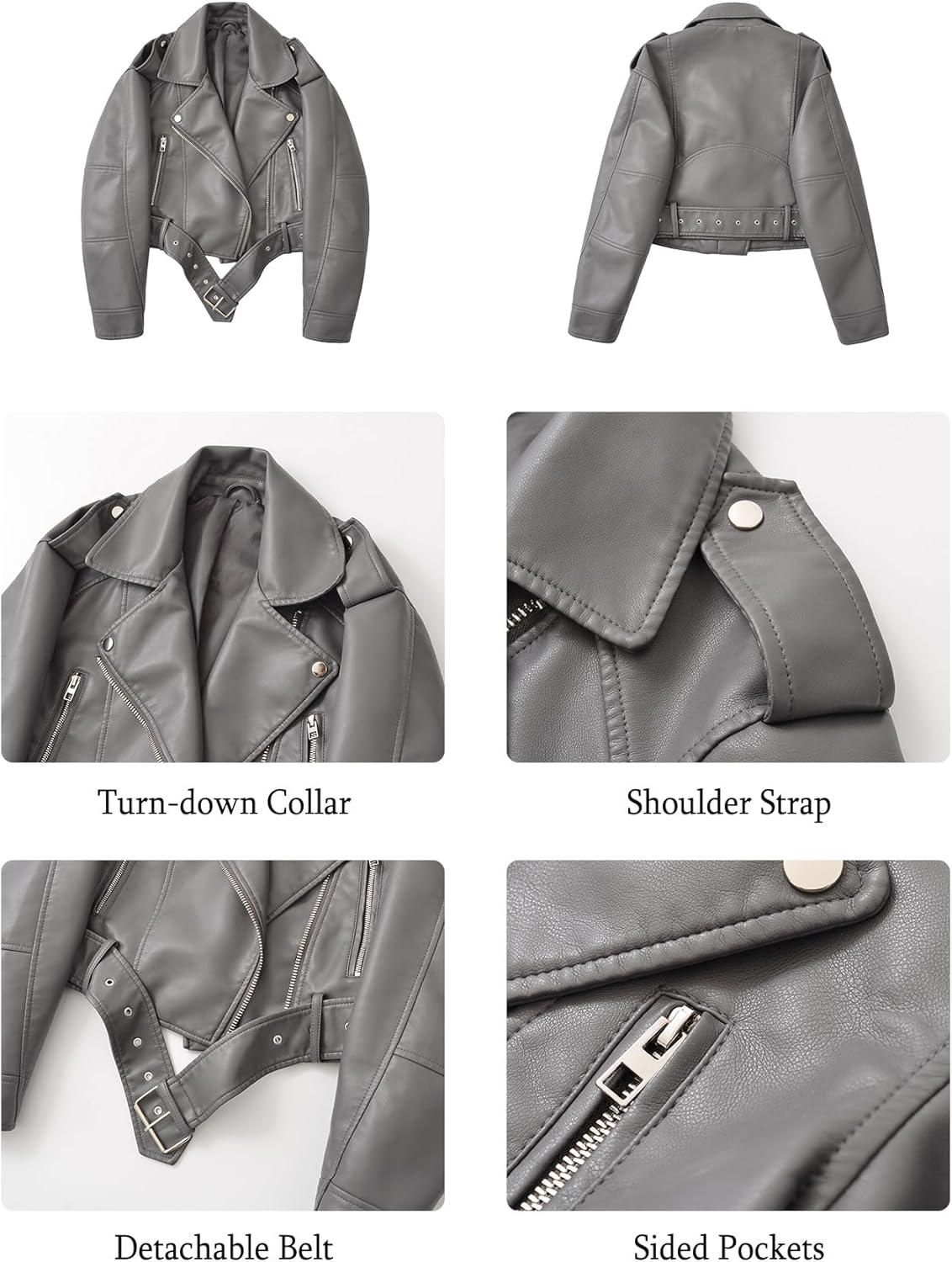 imageLY VAREY LIN Women Faux Leather Cropped Jacket Vegan Motor Biker Coat with BeltGrey