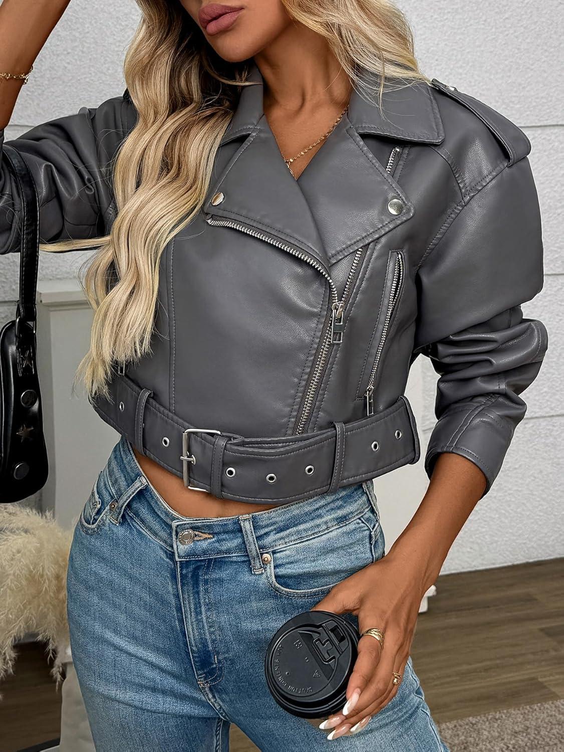 imageLY VAREY LIN Women Faux Leather Cropped Jacket Vegan Motor Biker Coat with BeltGrey