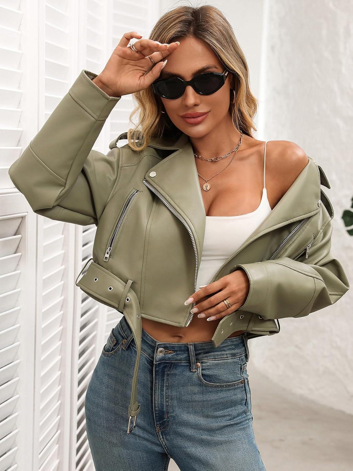 imageLY VAREY LIN Women Faux Leather Cropped Jacket Vegan Motor Biker Coat with BeltLight Green