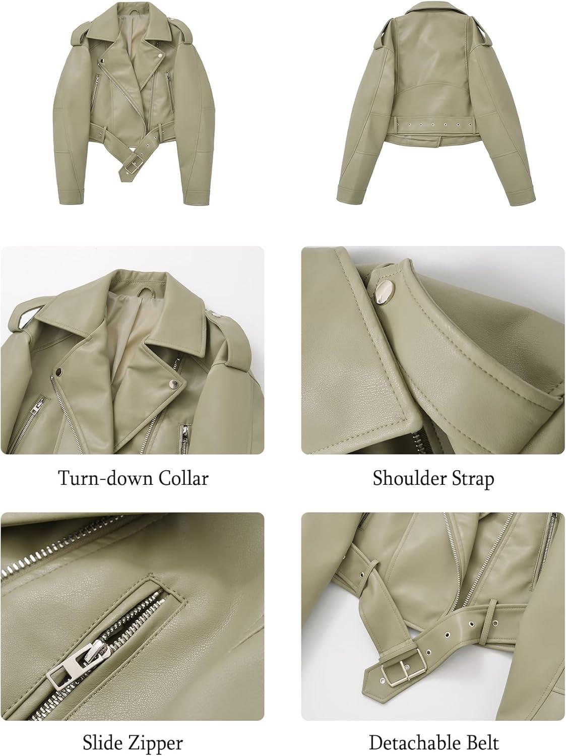 imageLY VAREY LIN Women Faux Leather Cropped Jacket Vegan Motor Biker Coat with BeltLight Green