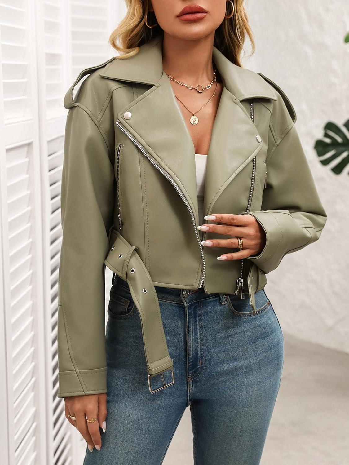 imageLY VAREY LIN Women Faux Leather Cropped Jacket Vegan Motor Biker Coat with BeltLight Green