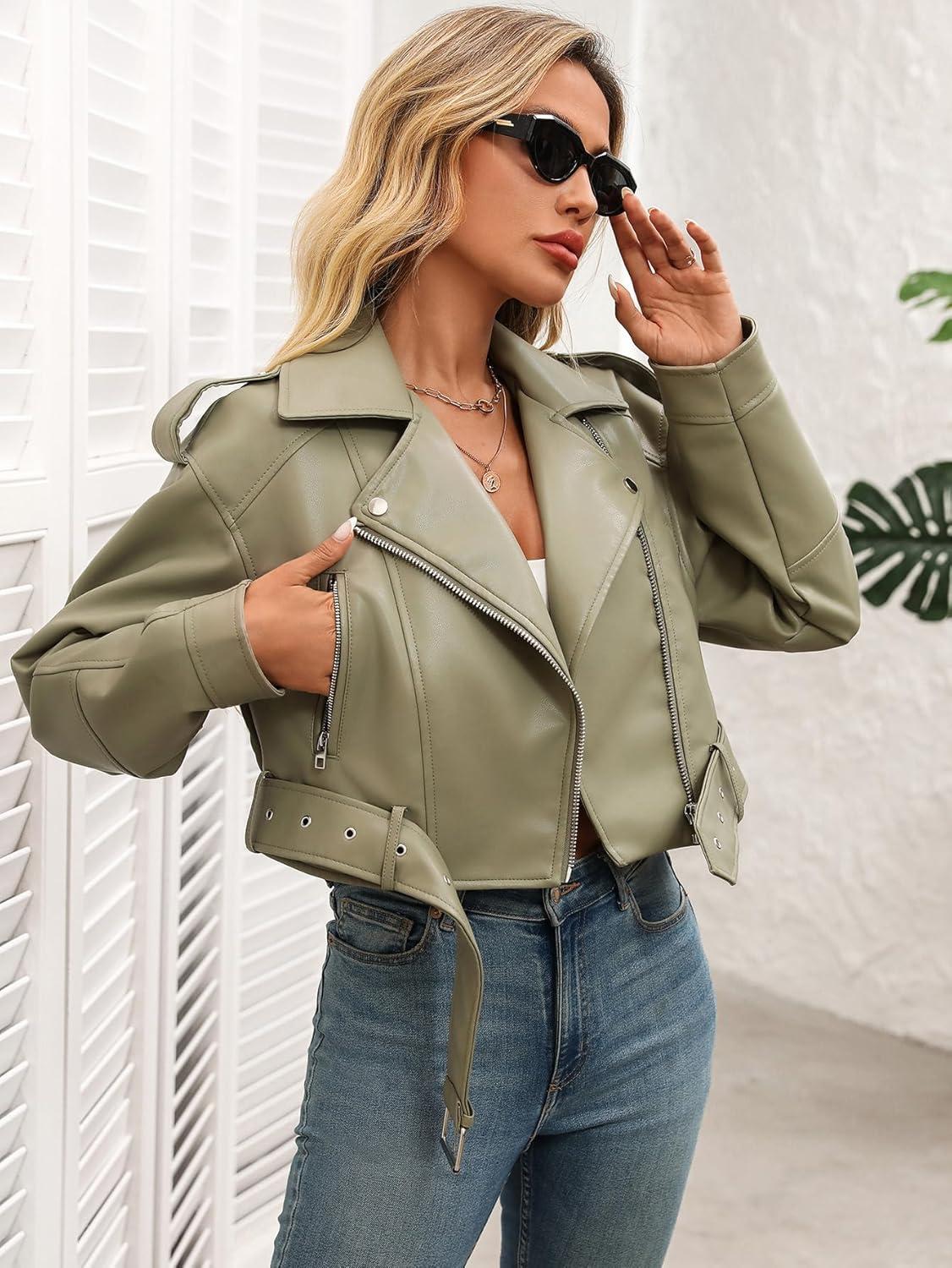 imageLY VAREY LIN Women Faux Leather Cropped Jacket Vegan Motor Biker Coat with BeltLight Green