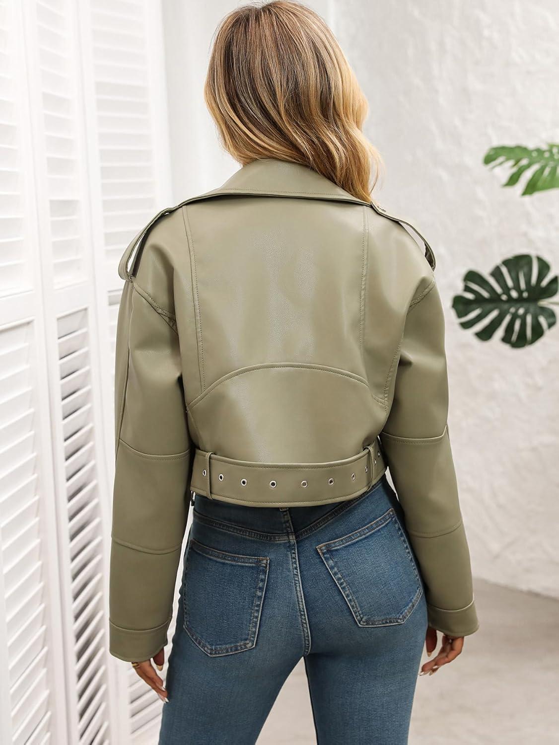 imageLY VAREY LIN Women Faux Leather Cropped Jacket Vegan Motor Biker Coat with BeltLight Green