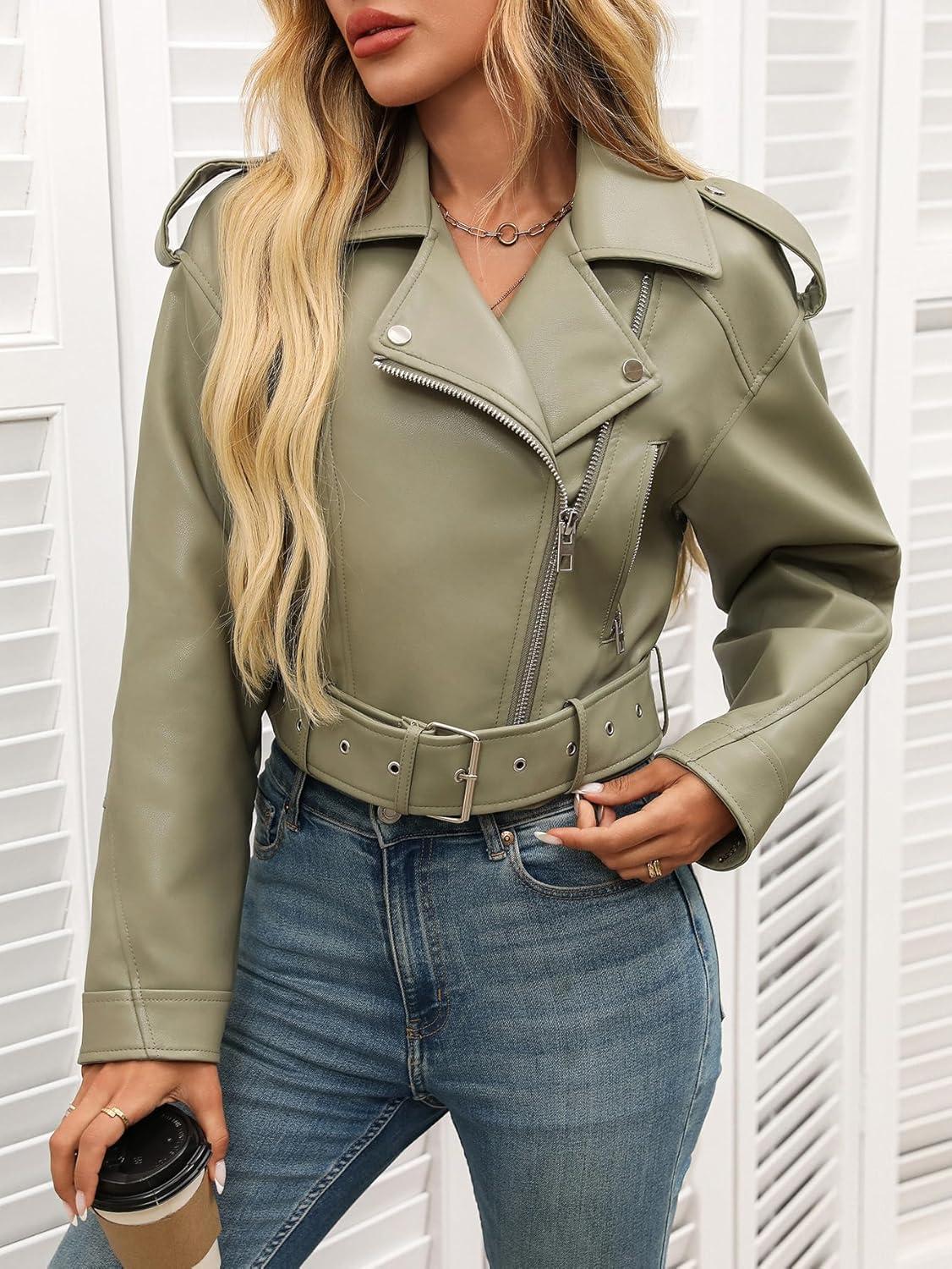 imageLY VAREY LIN Women Faux Leather Cropped Jacket Vegan Motor Biker Coat with BeltLight Green