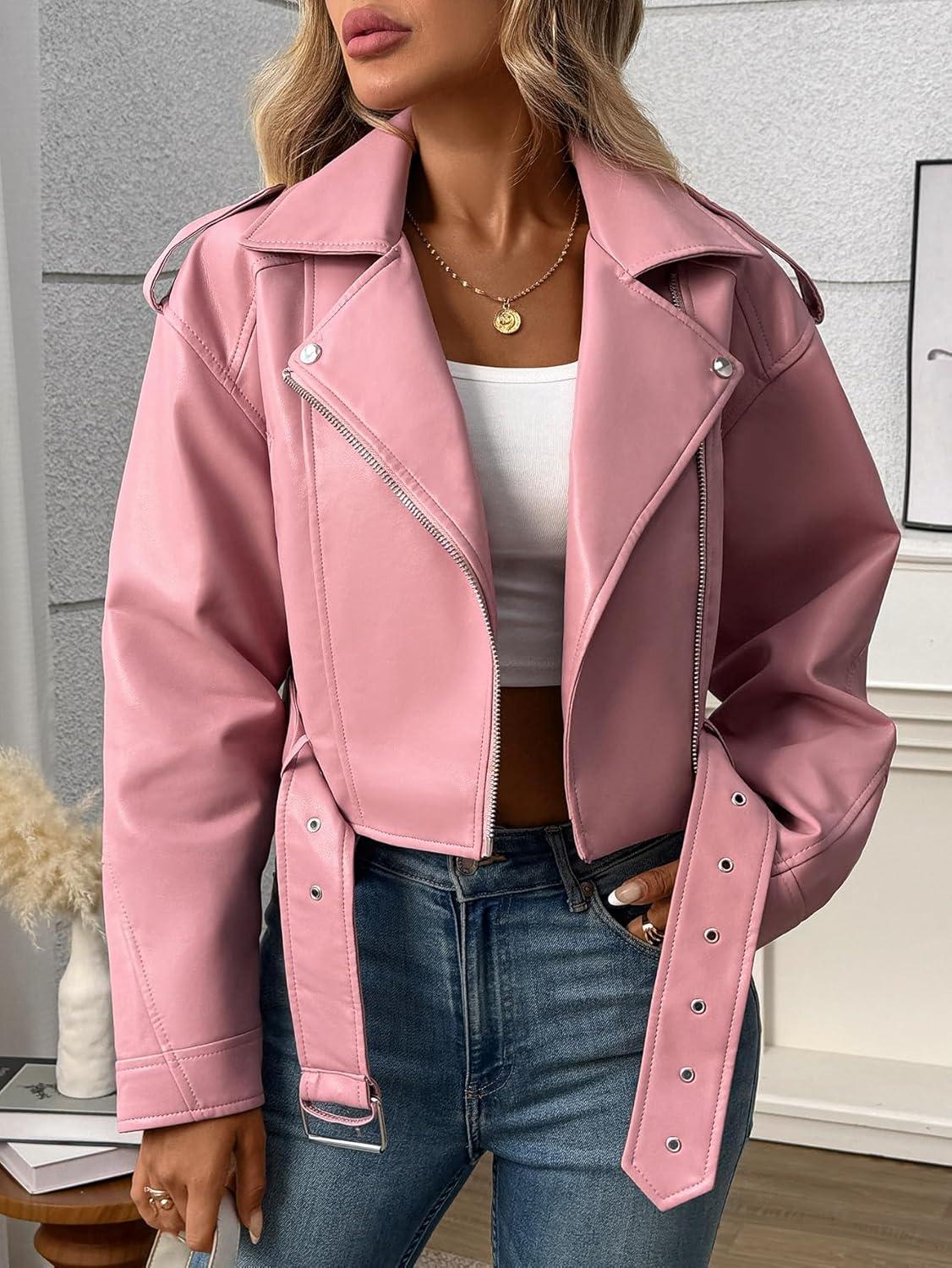 imageLY VAREY LIN Women Faux Leather Cropped Jacket Vegan Motor Biker Coat with BeltPink