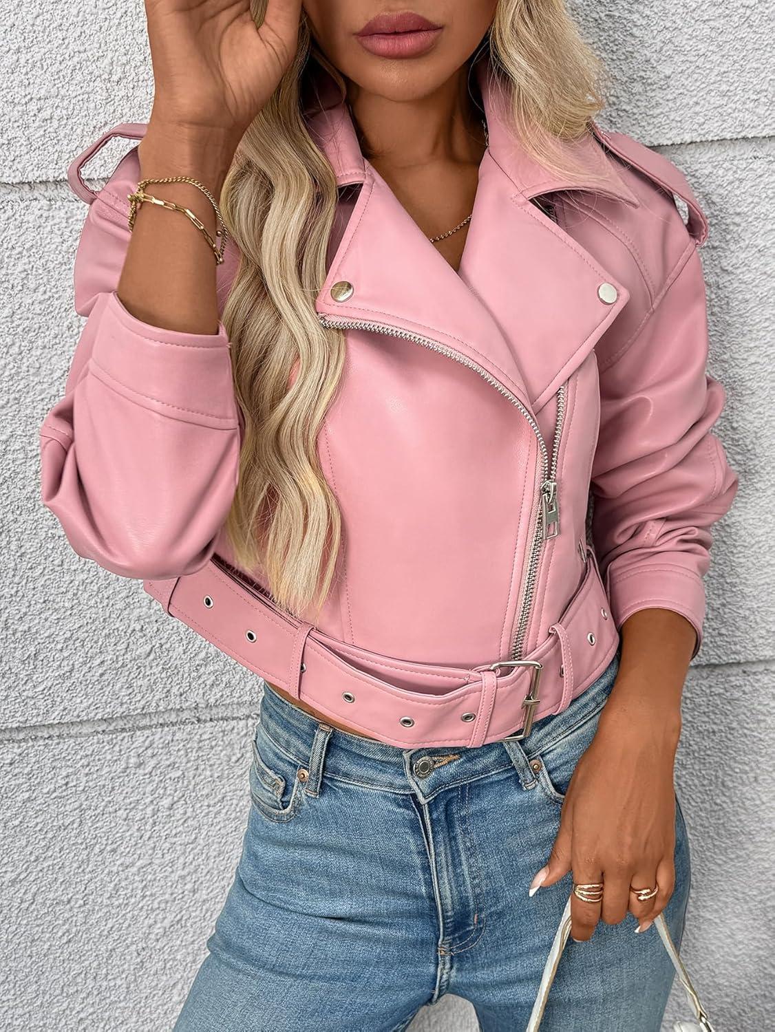 imageLY VAREY LIN Women Faux Leather Cropped Jacket Vegan Motor Biker Coat with BeltPink