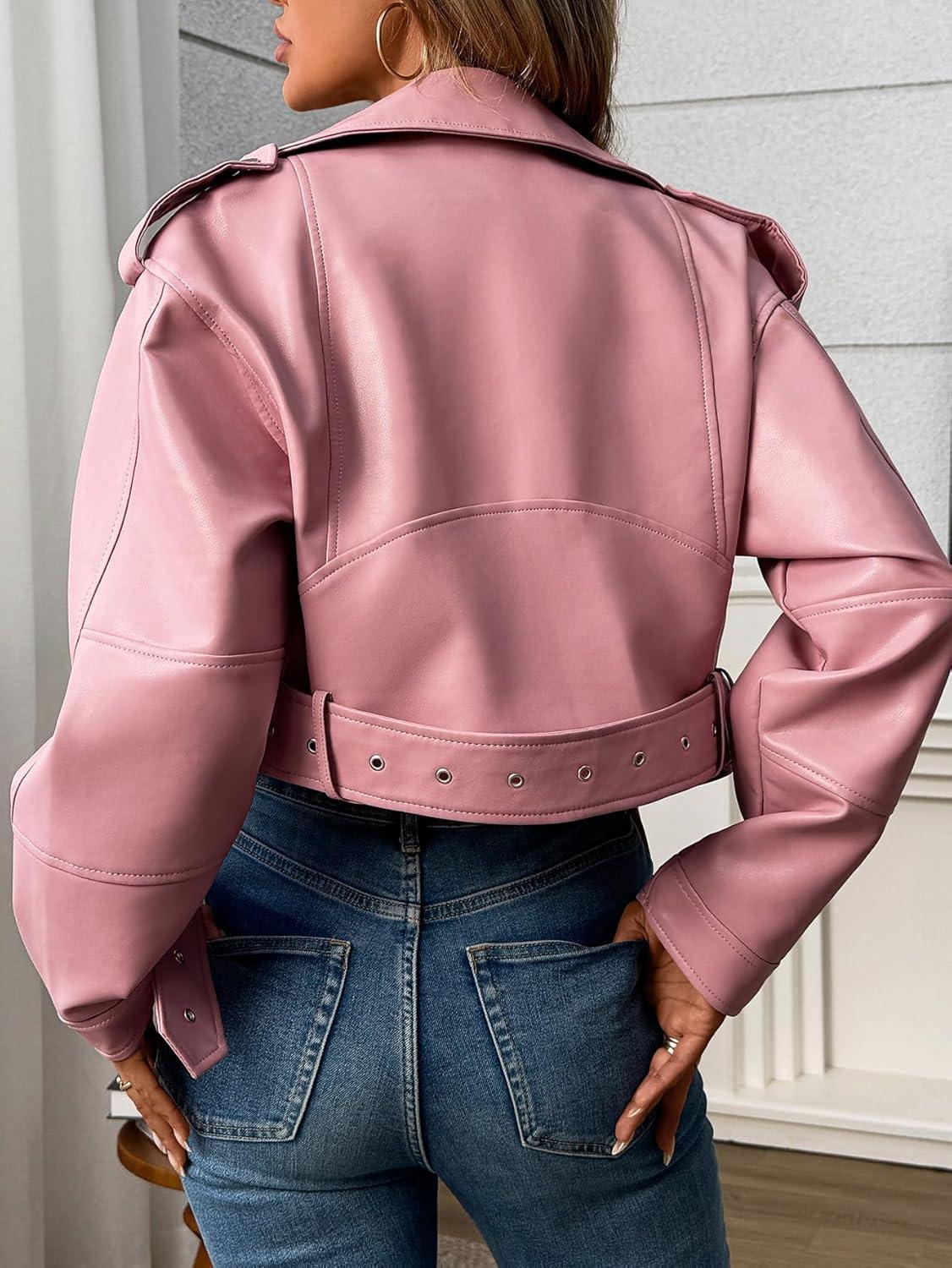 imageLY VAREY LIN Women Faux Leather Cropped Jacket Vegan Motor Biker Coat with BeltPink