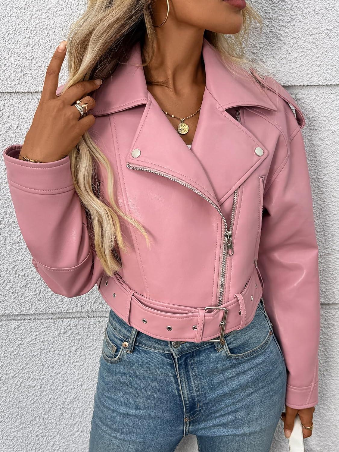 imageLY VAREY LIN Women Faux Leather Cropped Jacket Vegan Motor Biker Coat with BeltPink
