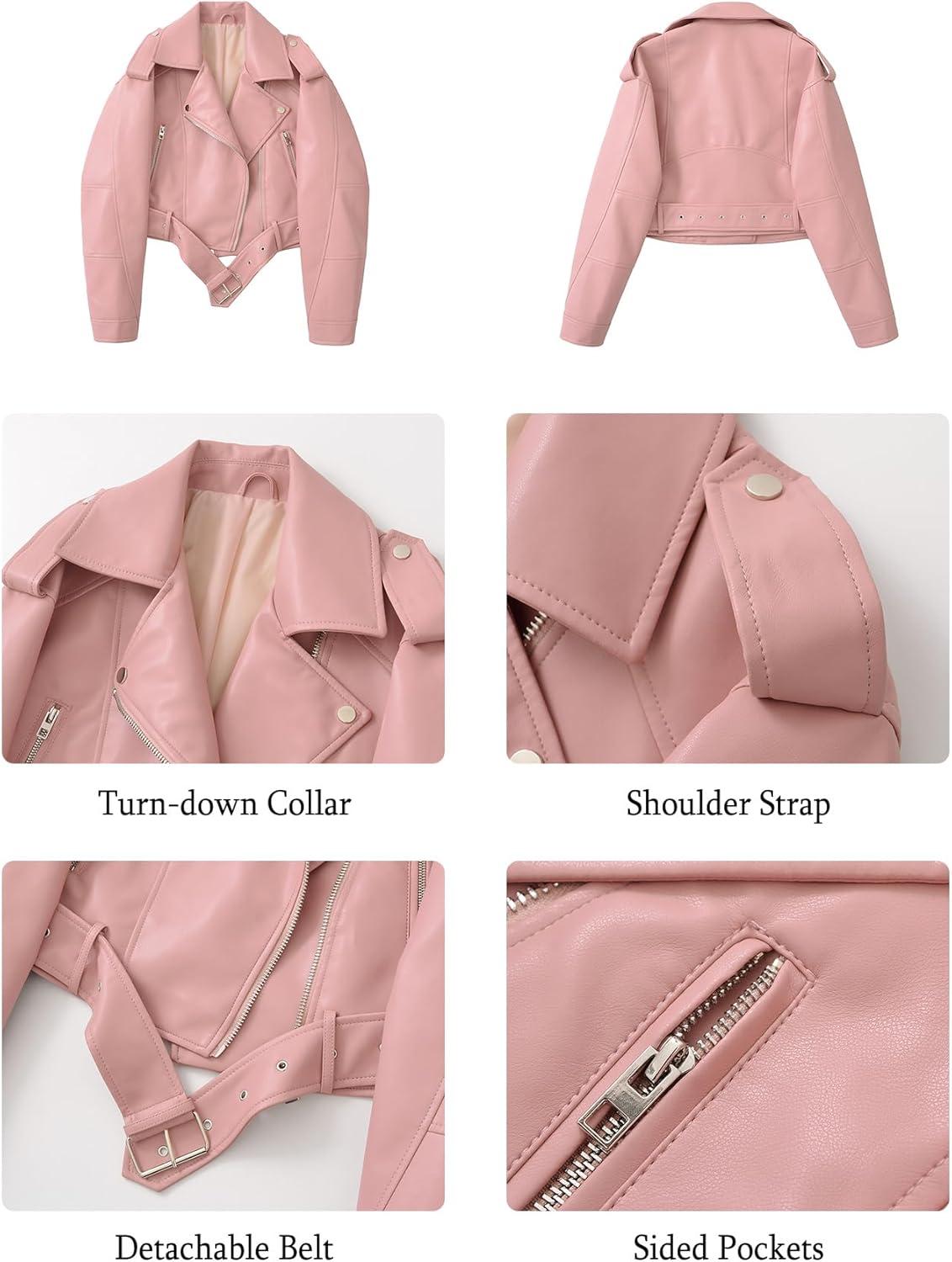 imageLY VAREY LIN Women Faux Leather Cropped Jacket Vegan Motor Biker Coat with BeltPink