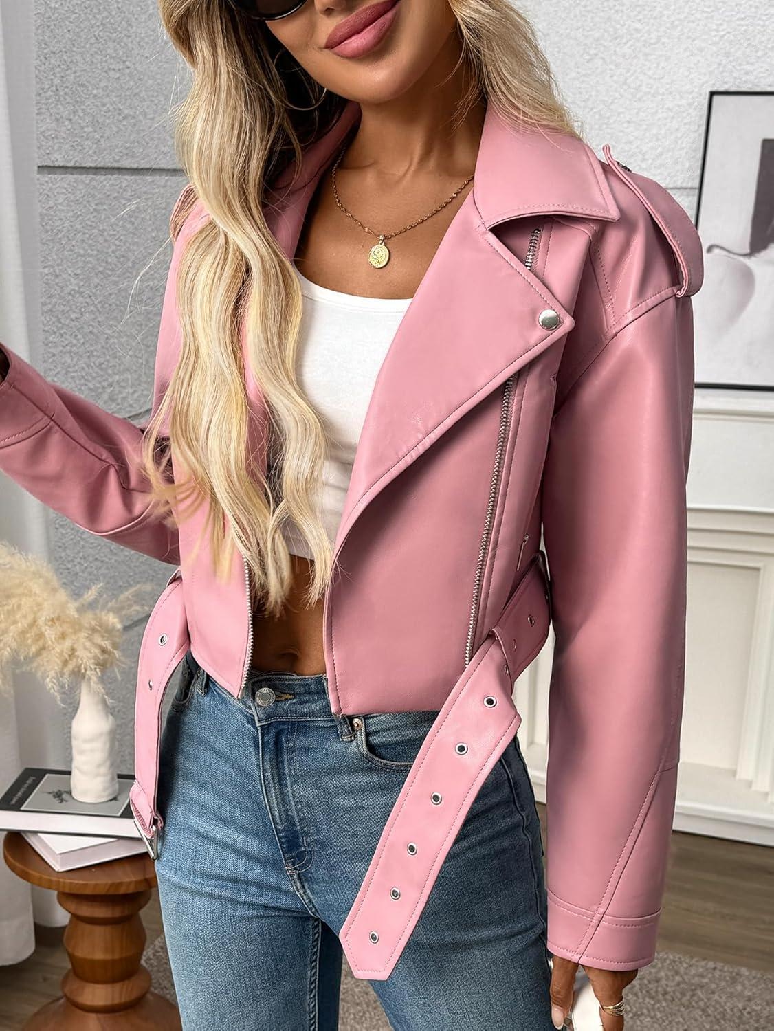 imageLY VAREY LIN Women Faux Leather Cropped Jacket Vegan Motor Biker Coat with BeltPink