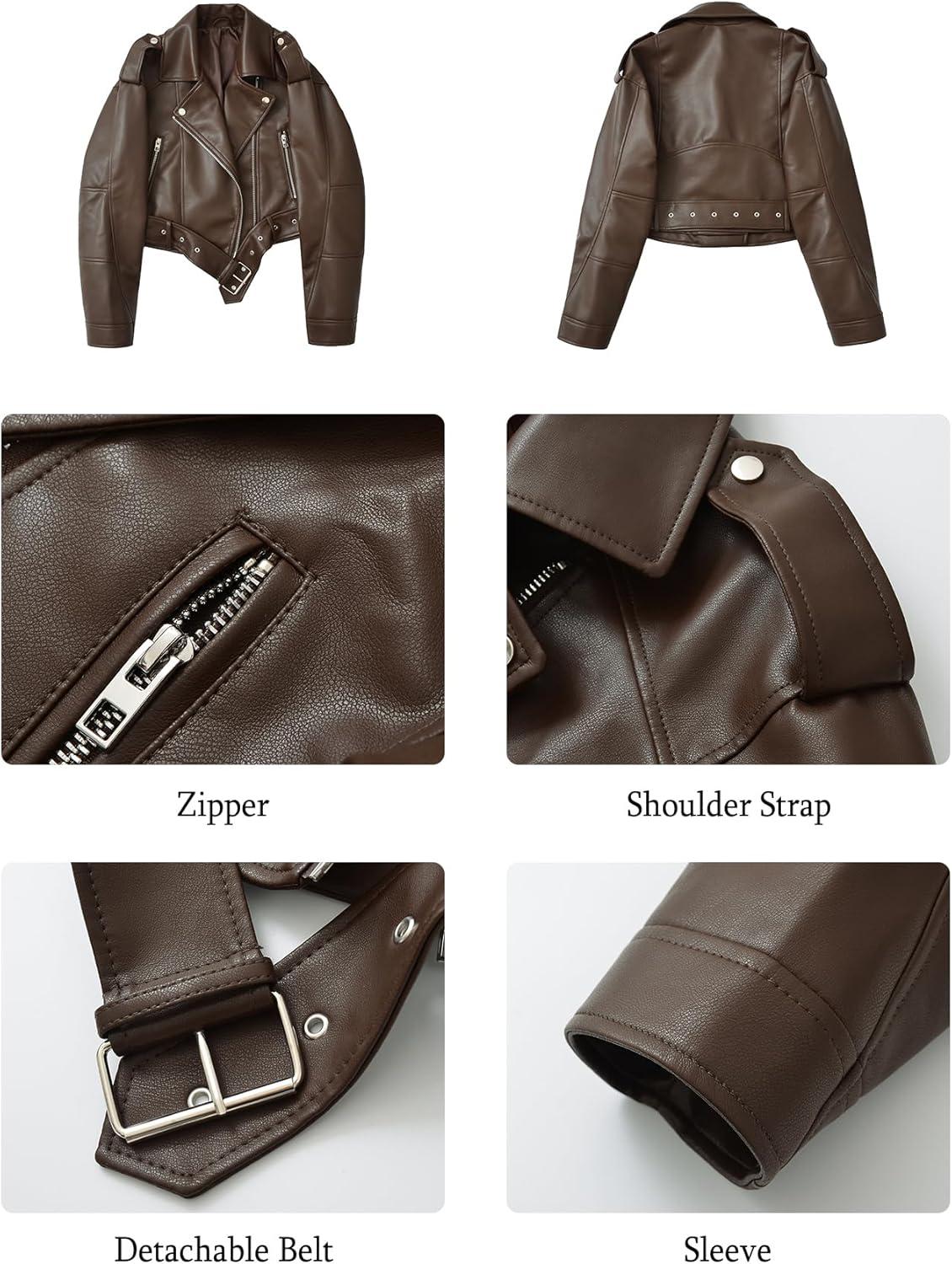 imageLY VAREY LIN Women Faux Leather Cropped Jacket Vegan Motor Biker Coat with BeltRed Brown