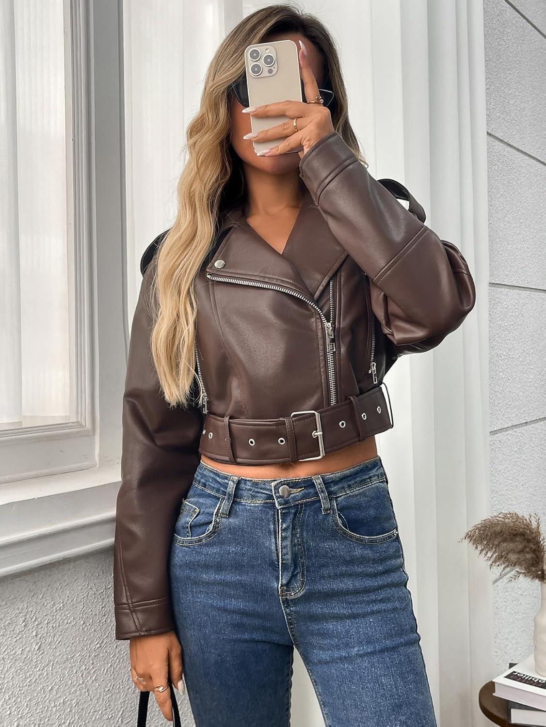 imageLY VAREY LIN Women Faux Leather Cropped Jacket Vegan Motor Biker Coat with BeltRed Brown