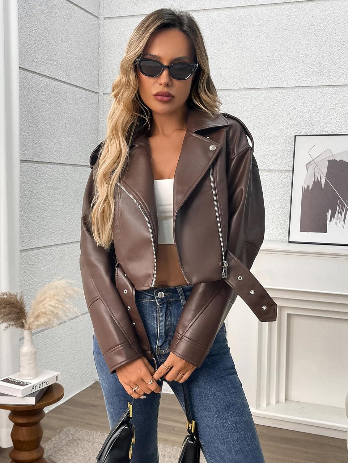 imageLY VAREY LIN Women Faux Leather Cropped Jacket Vegan Motor Biker Coat with BeltRed Brown