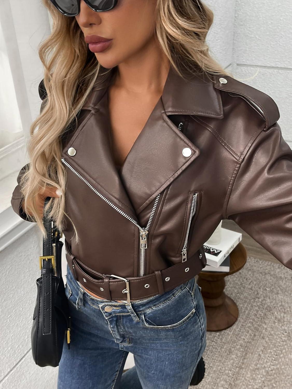 imageLY VAREY LIN Women Faux Leather Cropped Jacket Vegan Motor Biker Coat with BeltRed Brown