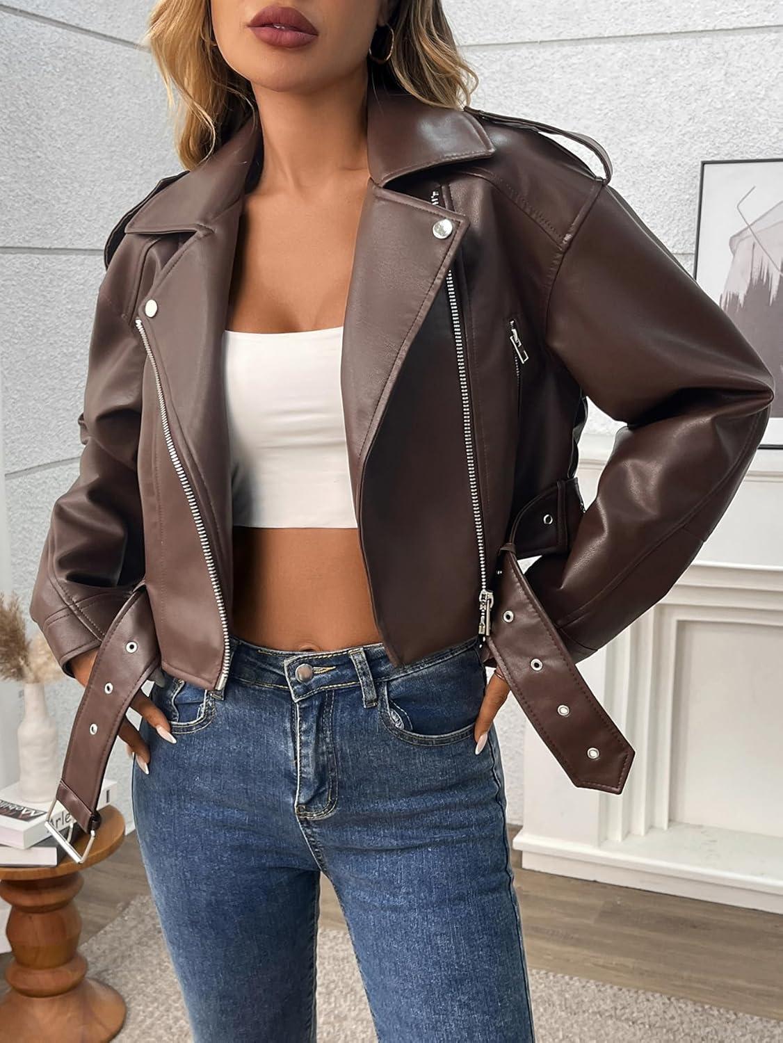 imageLY VAREY LIN Women Faux Leather Cropped Jacket Vegan Motor Biker Coat with BeltRed Brown