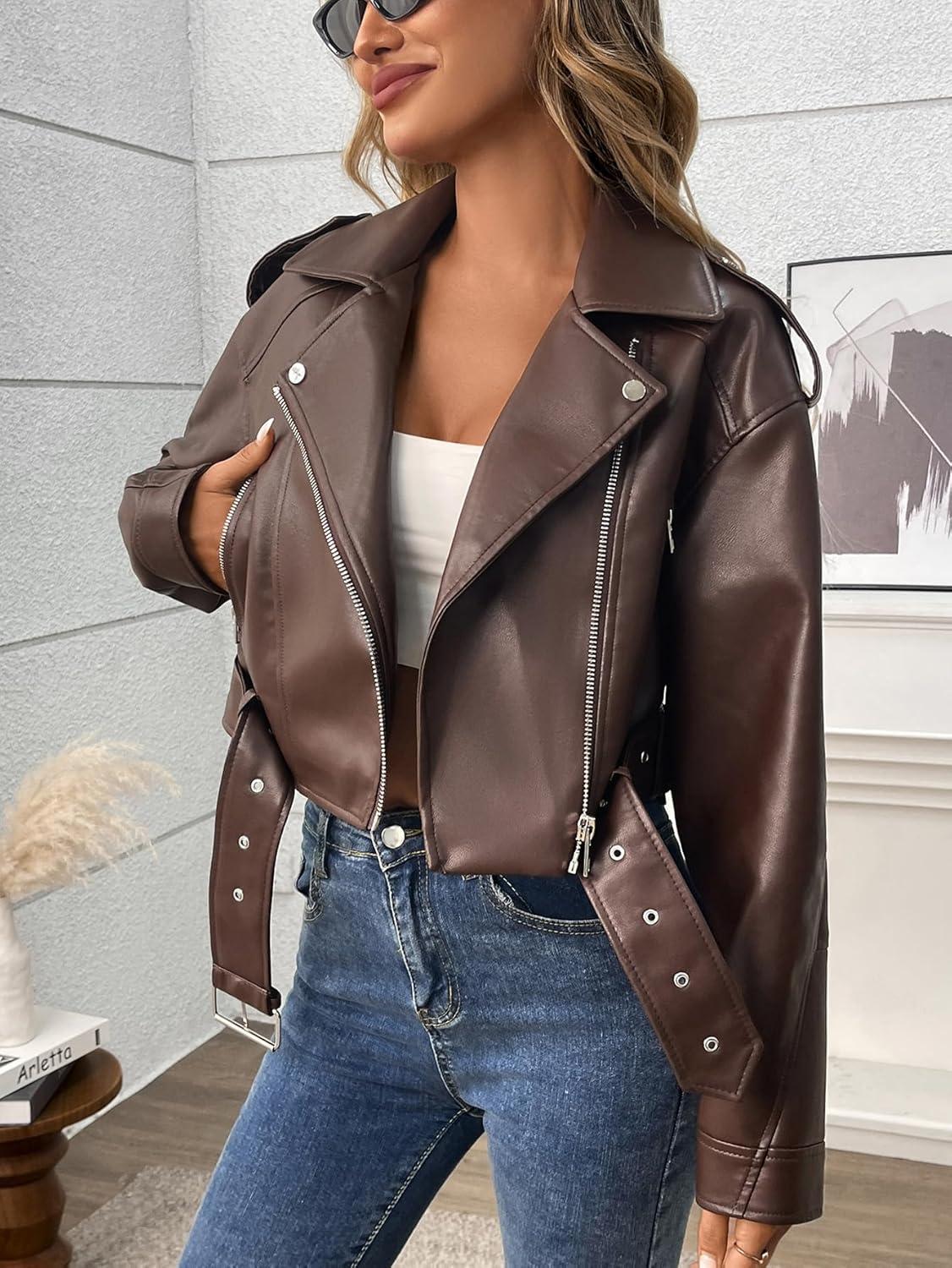 imageLY VAREY LIN Women Faux Leather Cropped Jacket Vegan Motor Biker Coat with BeltRed Brown