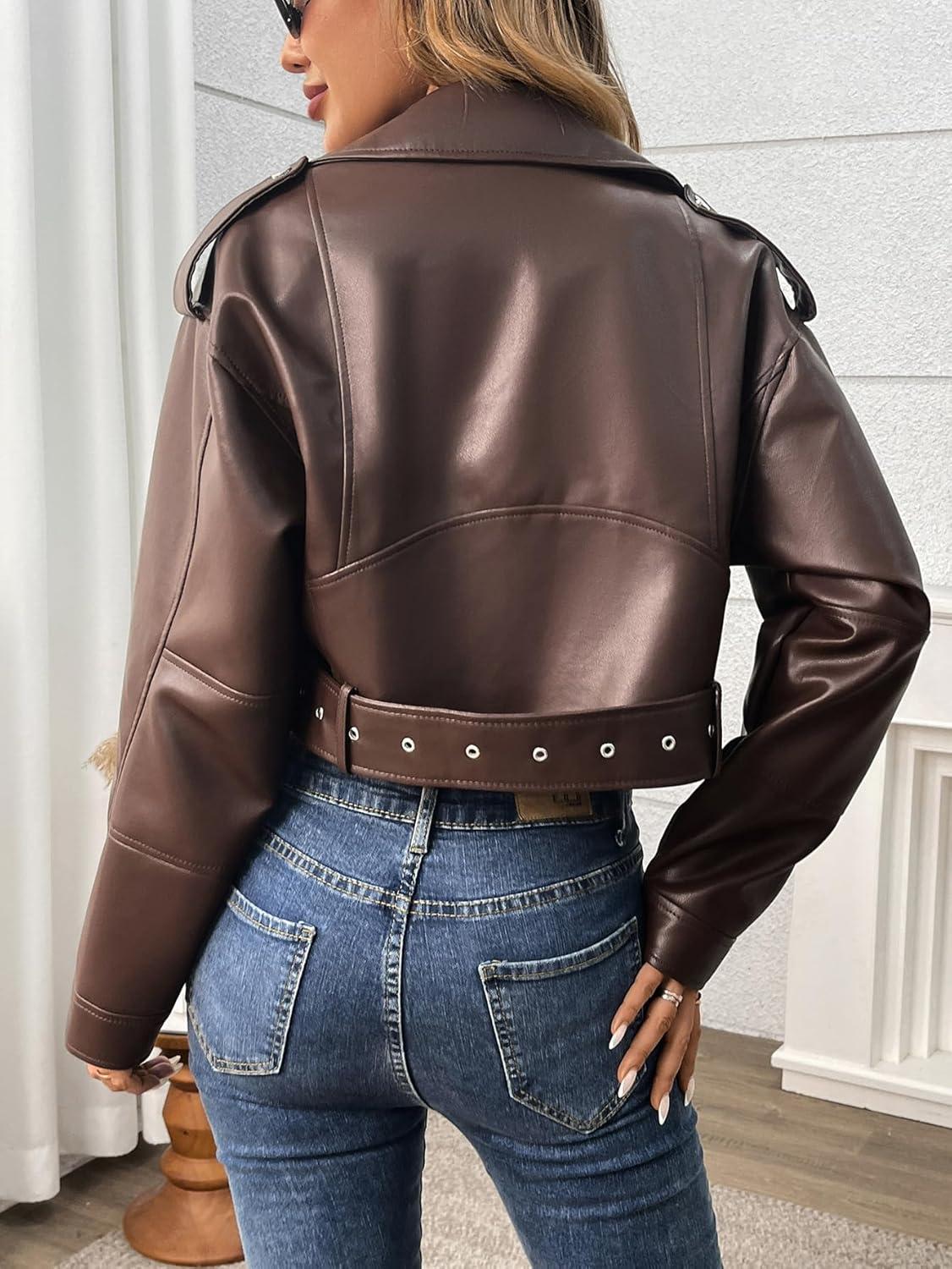 imageLY VAREY LIN Women Faux Leather Cropped Jacket Vegan Motor Biker Coat with BeltRed Brown