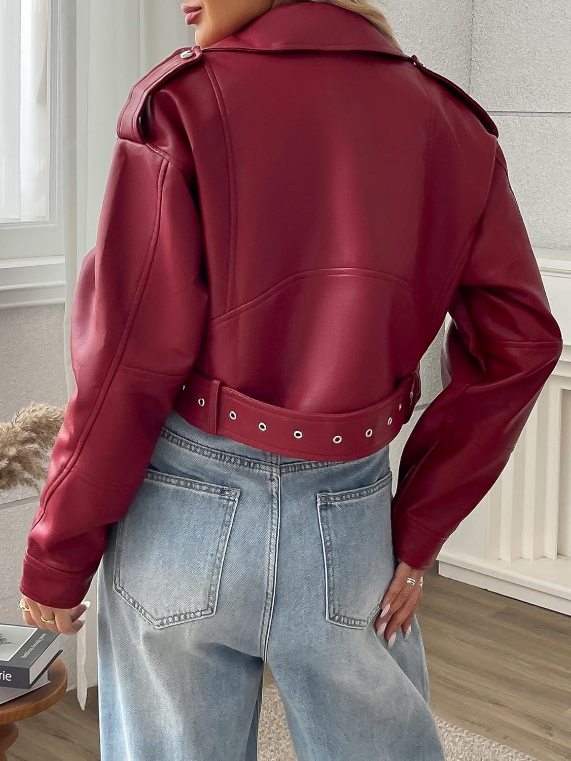imageLY VAREY LIN Women Faux Leather Cropped Jacket Vegan Motor Biker Coat with BeltViolet Red