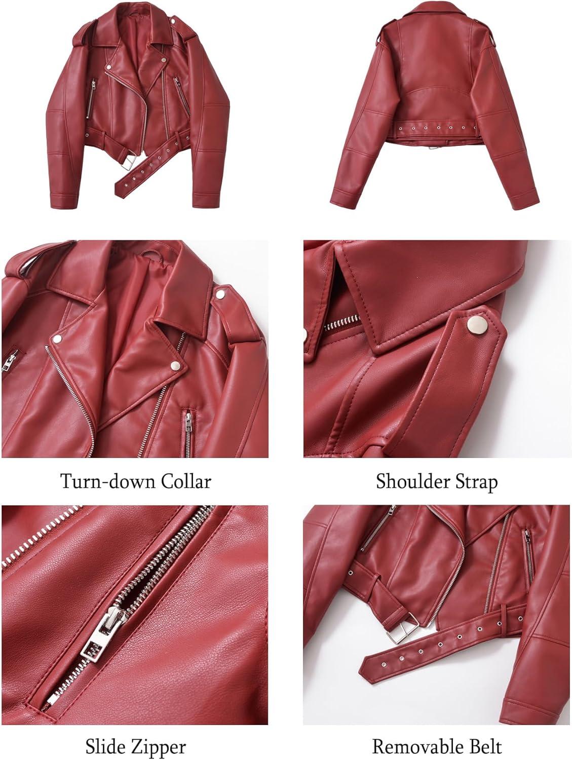 imageLY VAREY LIN Women Faux Leather Cropped Jacket Vegan Motor Biker Coat with BeltViolet Red