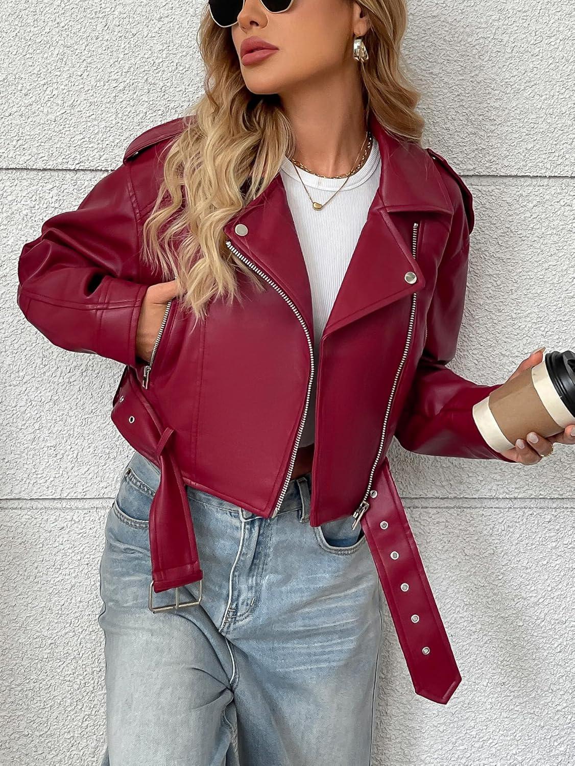 imageLY VAREY LIN Women Faux Leather Cropped Jacket Vegan Motor Biker Coat with BeltViolet Red