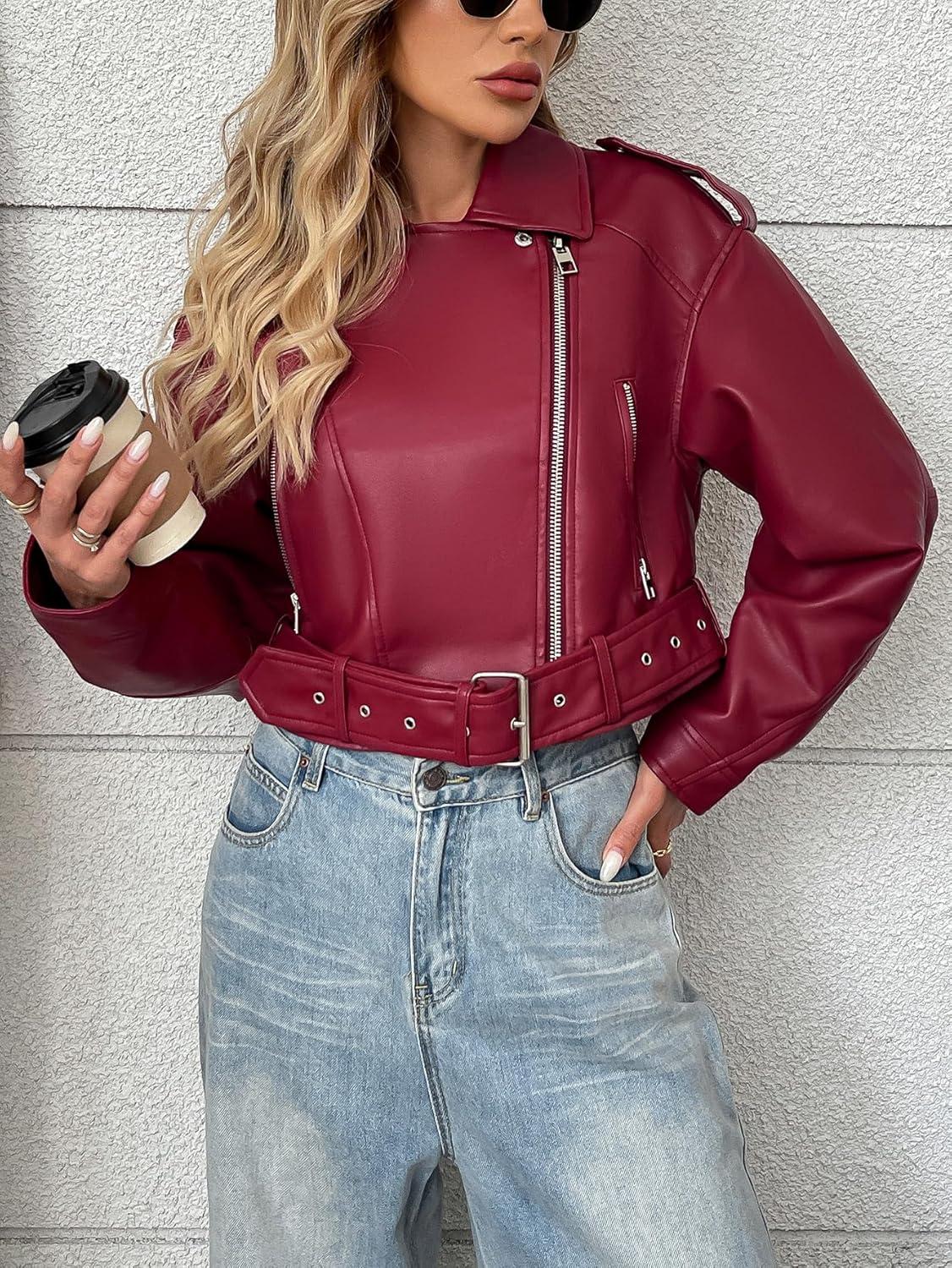 imageLY VAREY LIN Women Faux Leather Cropped Jacket Vegan Motor Biker Coat with BeltViolet Red