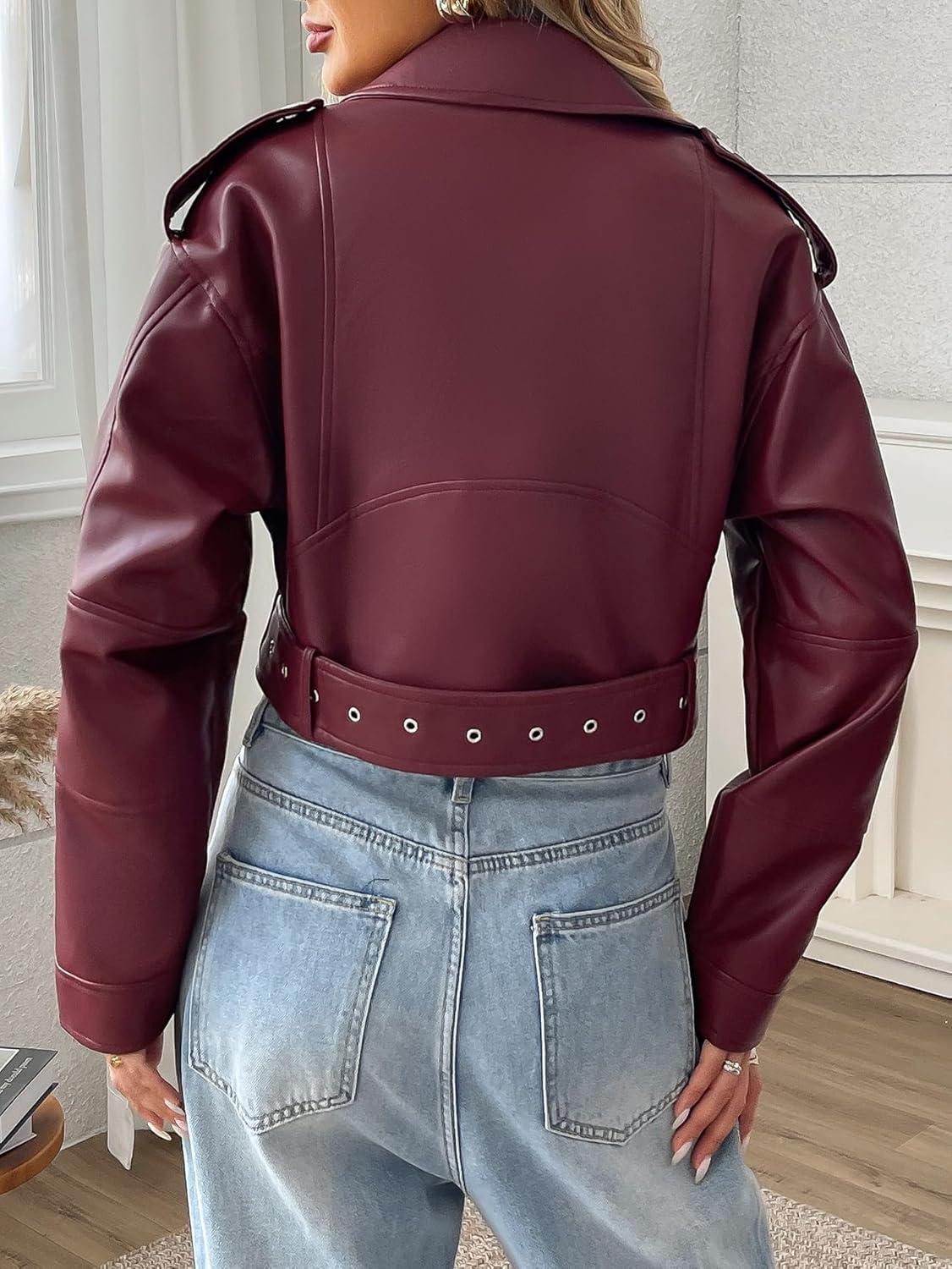 imageLY VAREY LIN Women Faux Leather Cropped Jacket Vegan Motor Biker Coat with BeltWine Red