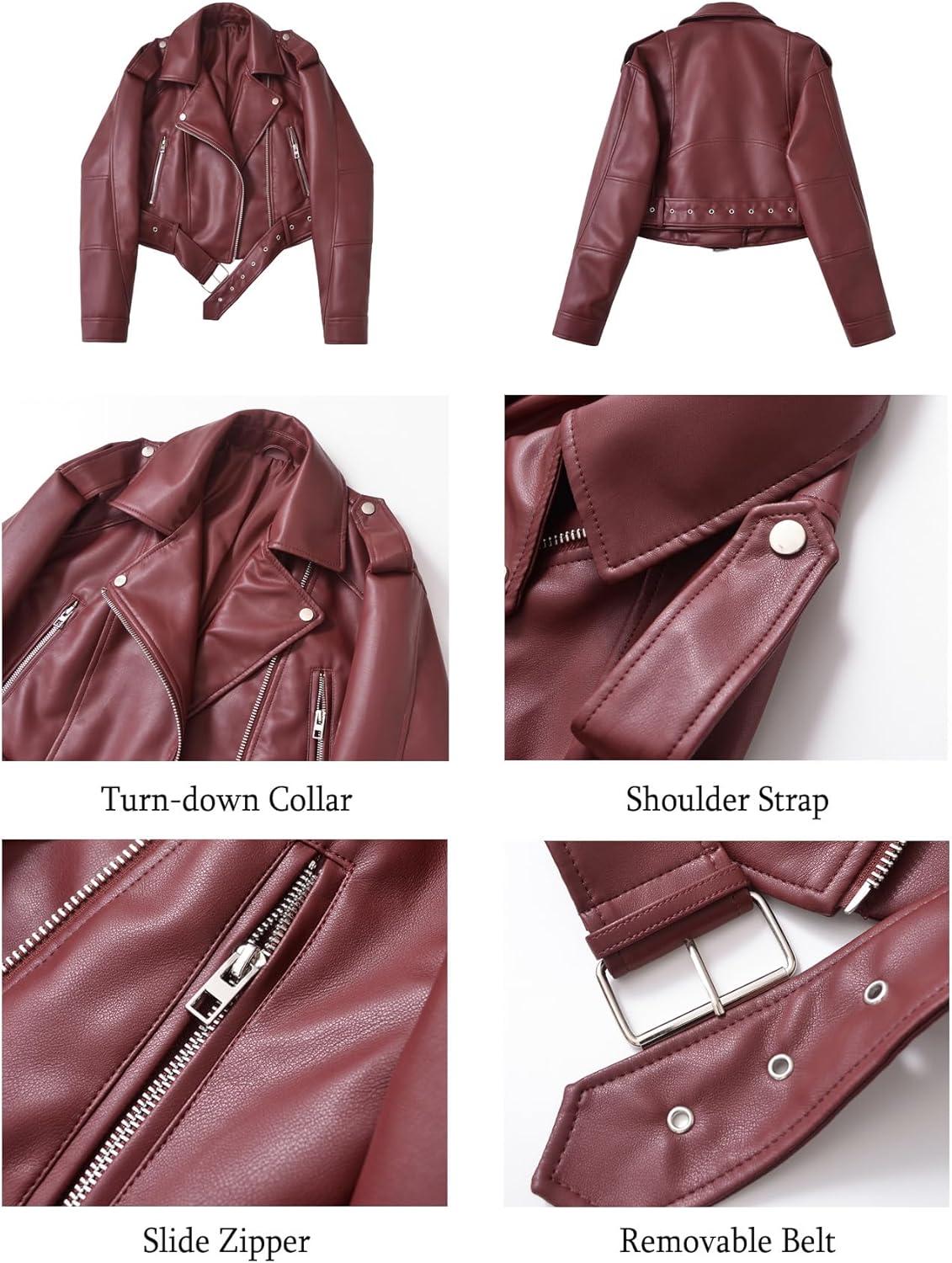 imageLY VAREY LIN Women Faux Leather Cropped Jacket Vegan Motor Biker Coat with BeltWine Red
