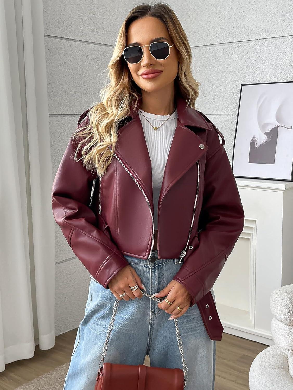 imageLY VAREY LIN Women Faux Leather Cropped Jacket Vegan Motor Biker Coat with BeltWine Red