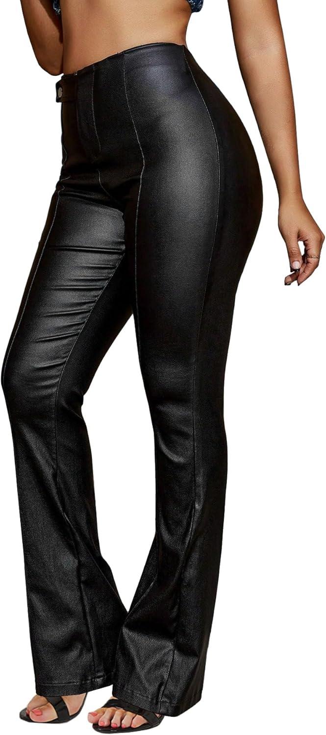 imageSOFIAS CHOICE Women Skinny Faux Leather Pants Low Rise Coated Stretchy Legging Pants with PocketsBlack Solid