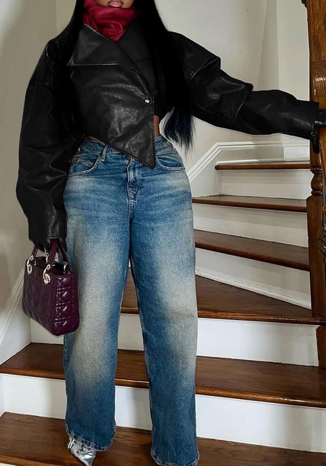imageVaceky Womens PU Leather Cropped Jacket Trench Coat Asymmetrical Short Bomber JacketsBlack