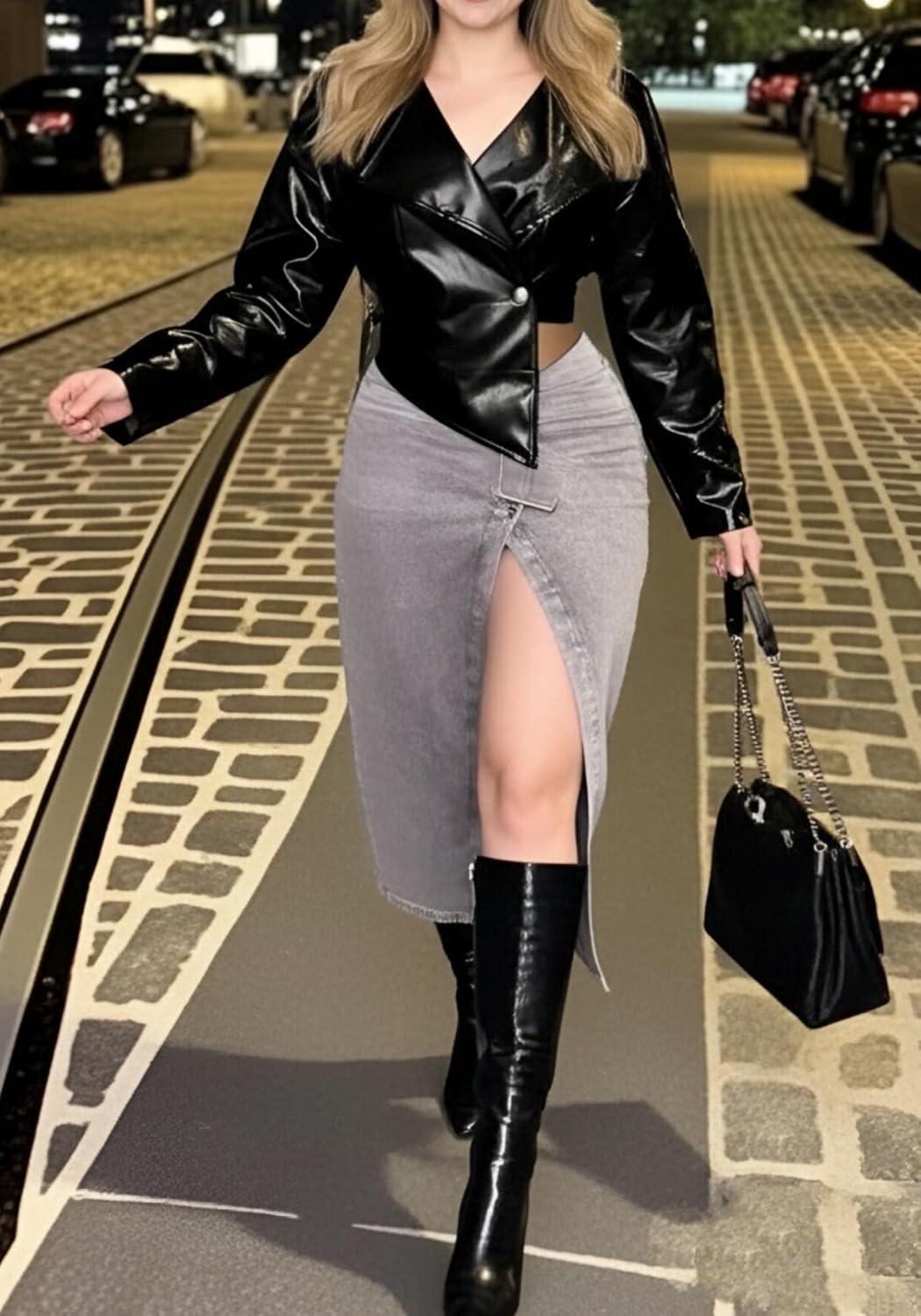 imageVaceky Womens PU Leather Cropped Jacket Trench Coat Asymmetrical Short Bomber JacketsBlack