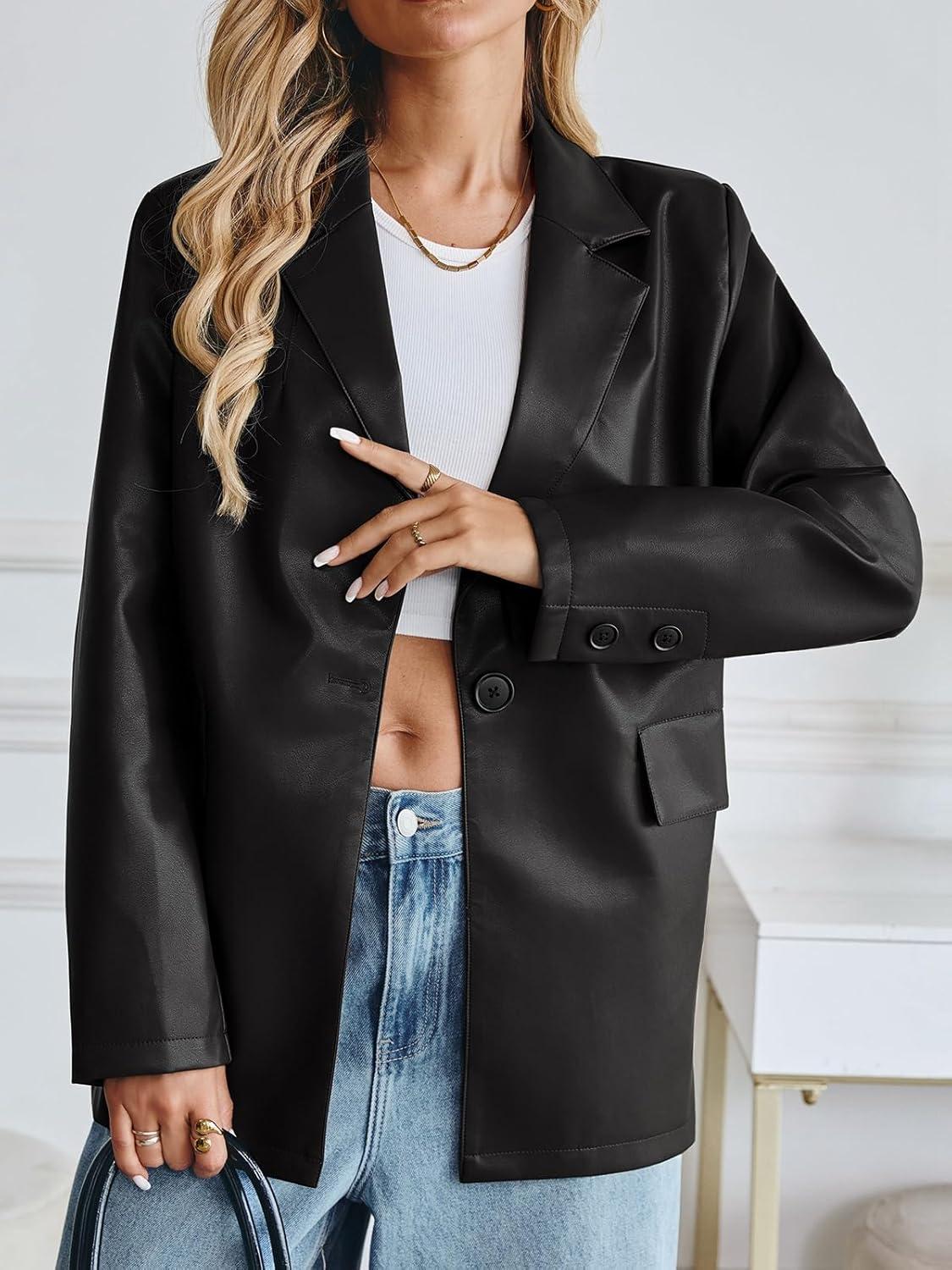 imageWomens Faux Leather Blazer Jacket Oversized Bomber Button Down Lapel Coat Fall Spring Winter Trendy Outerwear OutfitsBlack