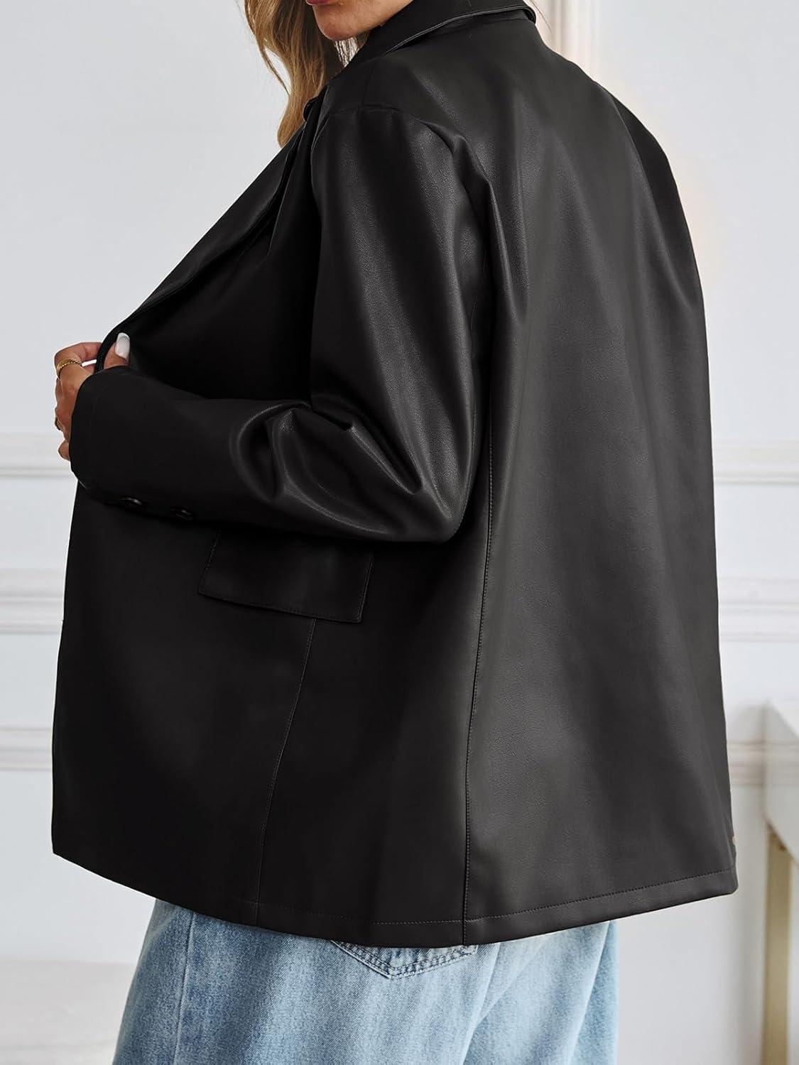 imageWomens Faux Leather Blazer Jacket Oversized Bomber Button Down Lapel Coat Fall Spring Winter Trendy Outerwear OutfitsBlack
