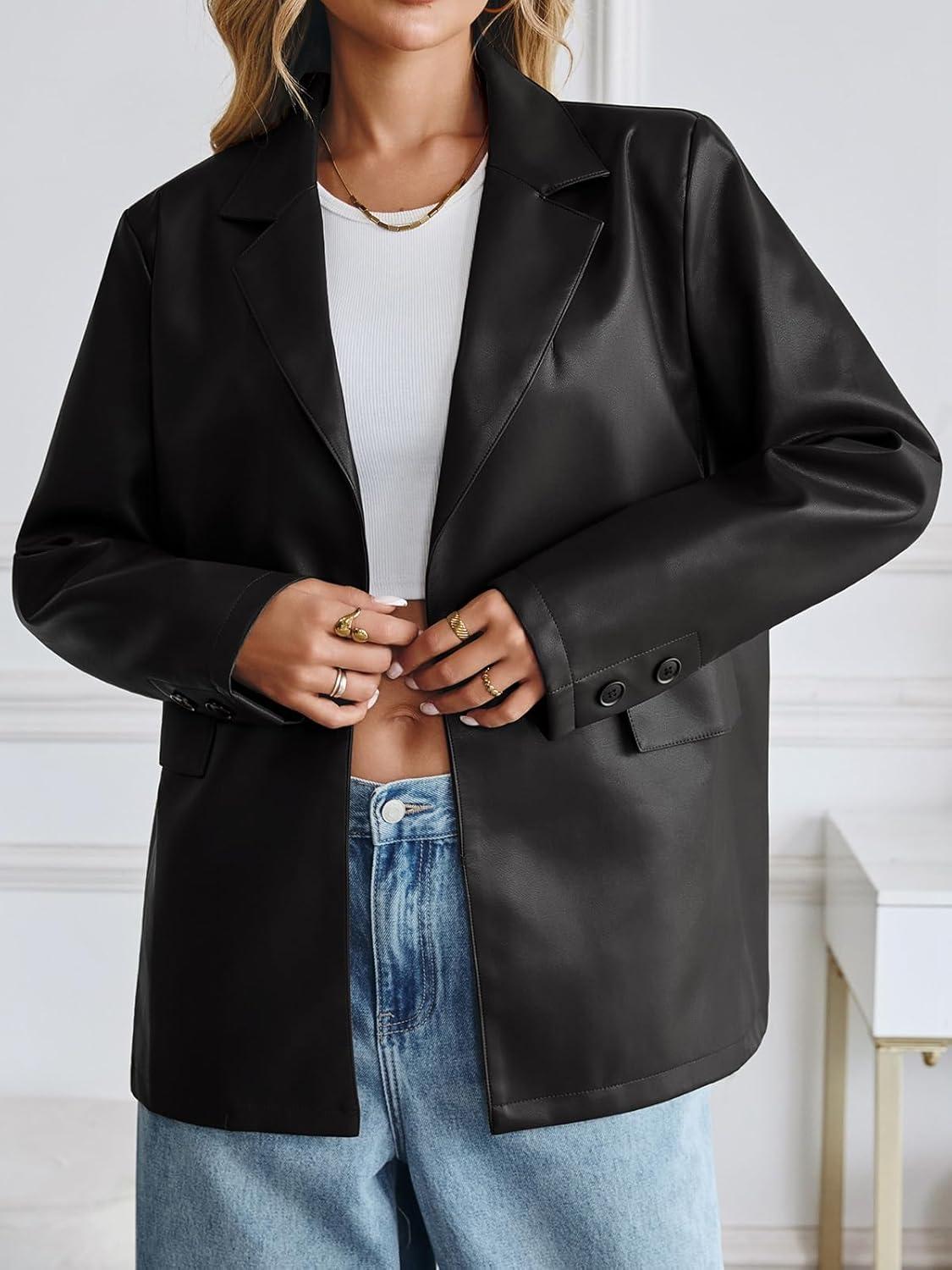 imageWomens Faux Leather Blazer Jacket Oversized Bomber Button Down Lapel Coat Fall Spring Winter Trendy Outerwear OutfitsBlack