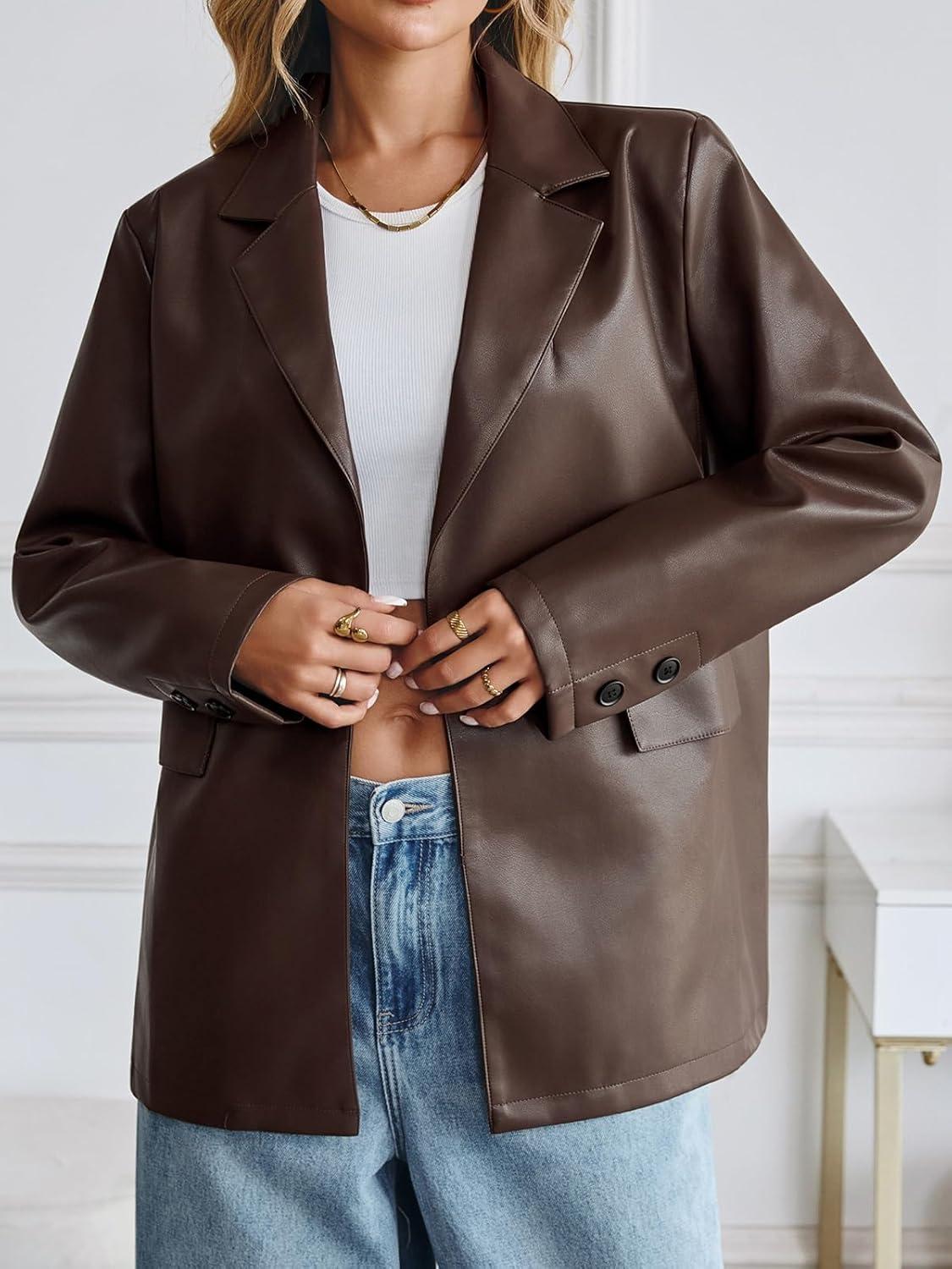 imageWomens Faux Leather Blazer Jacket Oversized Bomber Button Down Lapel Coat Fall Spring Winter Trendy Outerwear OutfitsBrown