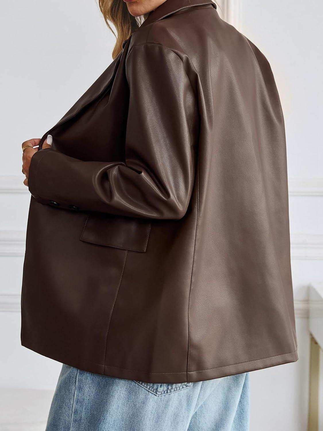 imageWomens Faux Leather Blazer Jacket Oversized Bomber Button Down Lapel Coat Fall Spring Winter Trendy Outerwear OutfitsBrown