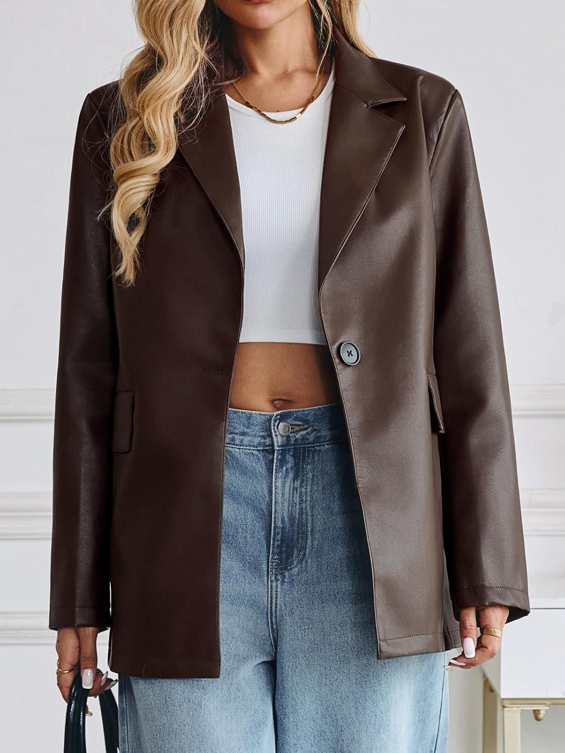 imageWomens Faux Leather Blazer Jacket Oversized Bomber Button Down Lapel Coat Fall Spring Winter Trendy Outerwear OutfitsBrown