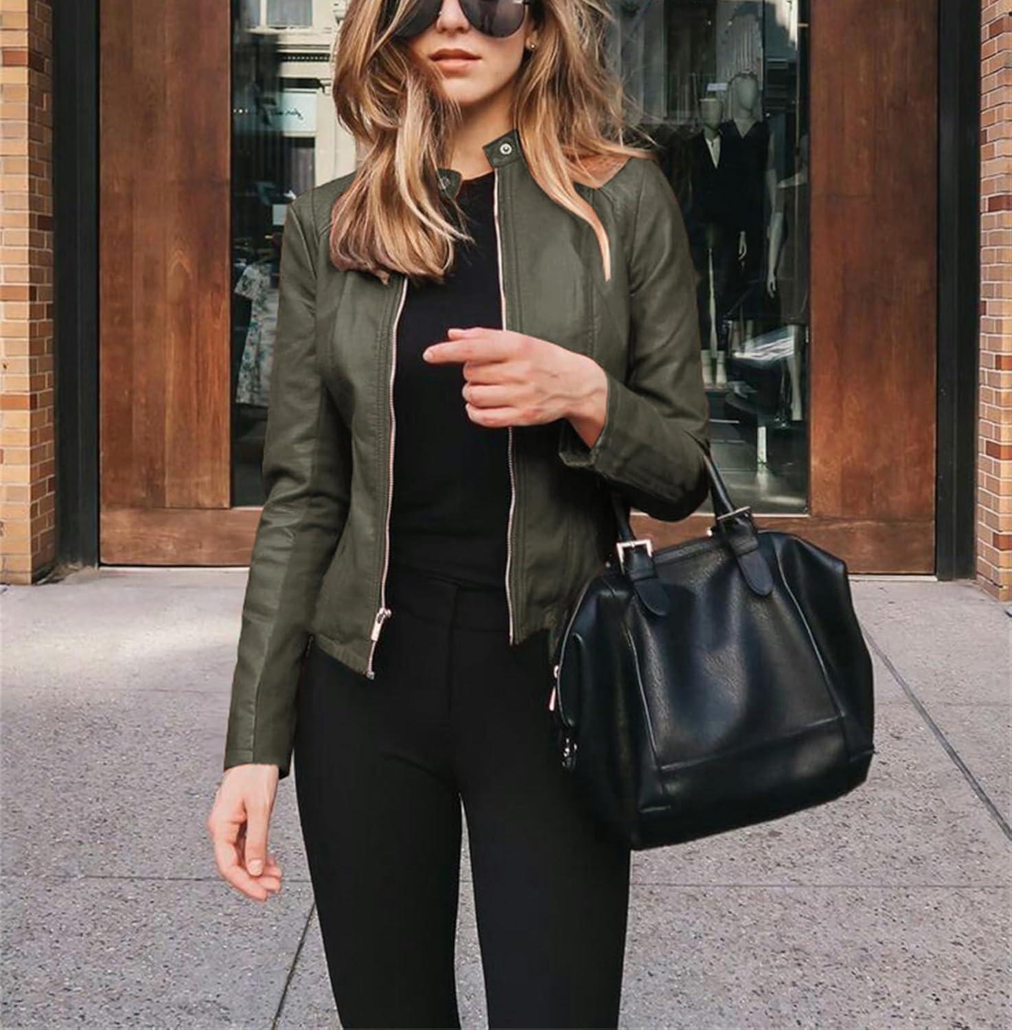 imageWomens Faux Leather Jackets Moto Biker Short Coat Jacket Zip Up Fall Fashion Motorcycle Jackets Trendy ClothesArmy Green